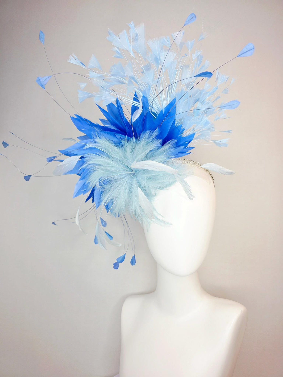 kentucky derby hat fascinator swarovski crystal headband with fluffy light baby blue feather flower cobalt and sky blue branching feathers