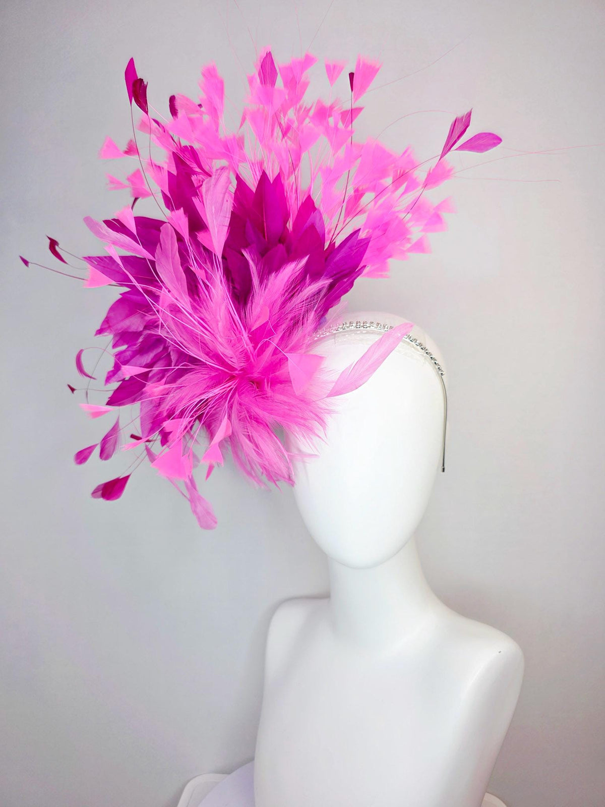 kentucky derby hat fascinator swarovski crystal headband with fluffy blush pink feather flower magenta blush pink lavender purple feathers