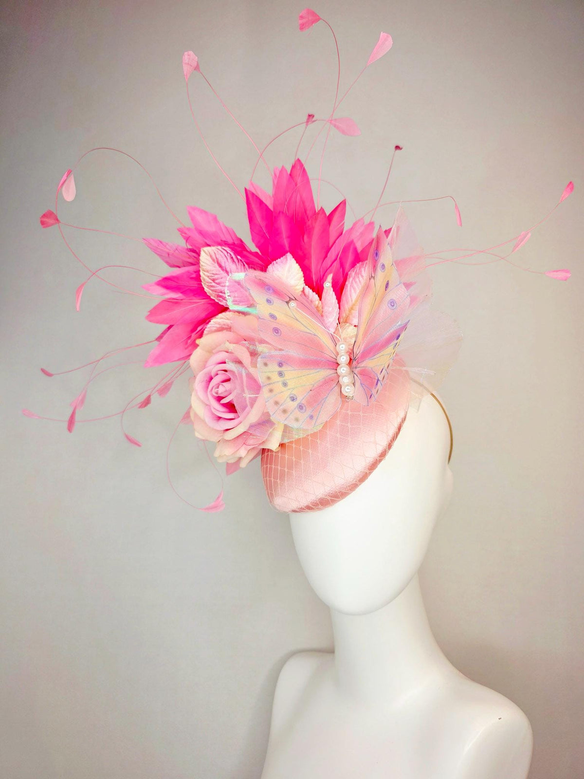 kentucky derby hat fascinator baby pink satin with netting ombre pink satin rose light pink leaves hot pink feathers and large butterfly