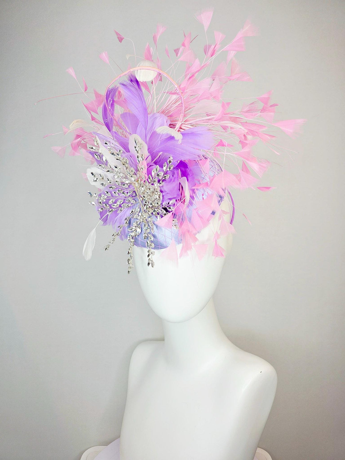 kentucky derby hat fascinator light purple satin with netting with leaf vine crystal rhinestone jewels and white lavender baby pink feathers