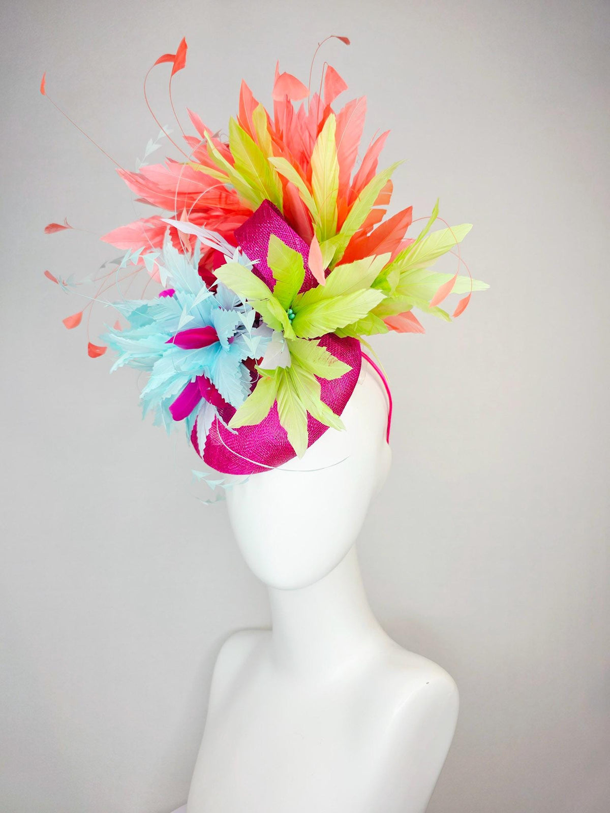 kentucky derby hat fascinator fuchsia pink sinamay with light sky blue lime green feather flowers coral peach orange branching feathers