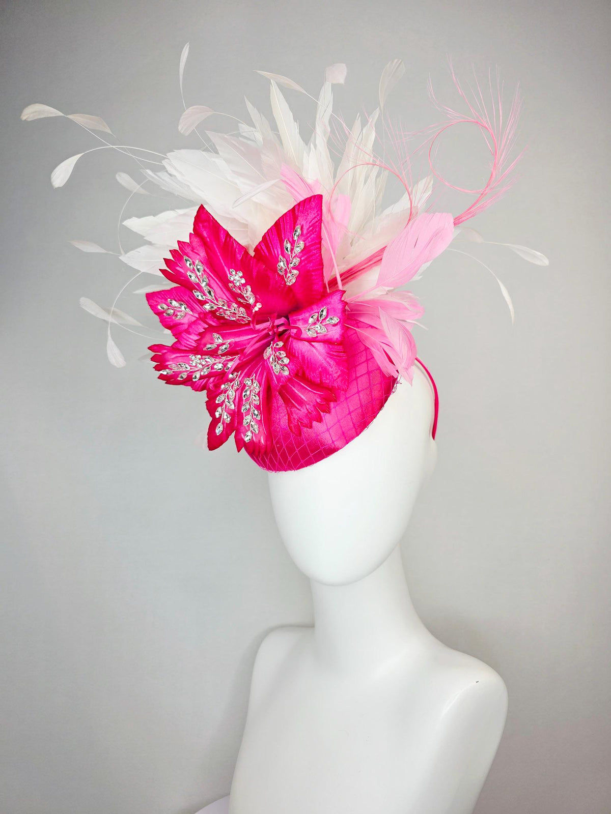 kentucky derby hat fascinator fuchsia pink satin with netting hot pink satin flower with crystal rhinestones ivory white baby pink feathers