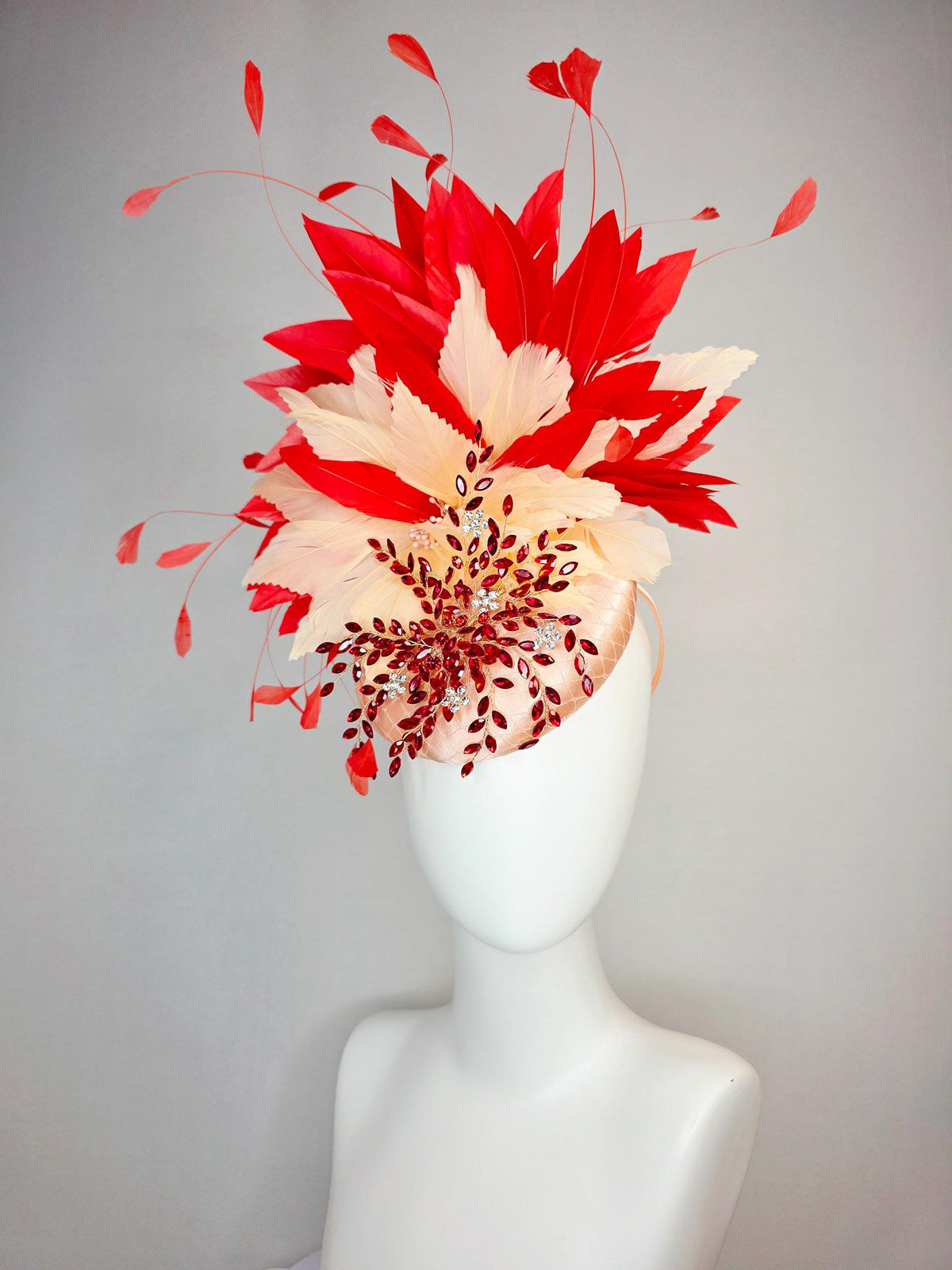 kentucky derby hat fascinator champagne pink satin with netting leaf vine red crystal rhinestone fluffy cream beige scarlet red feathers