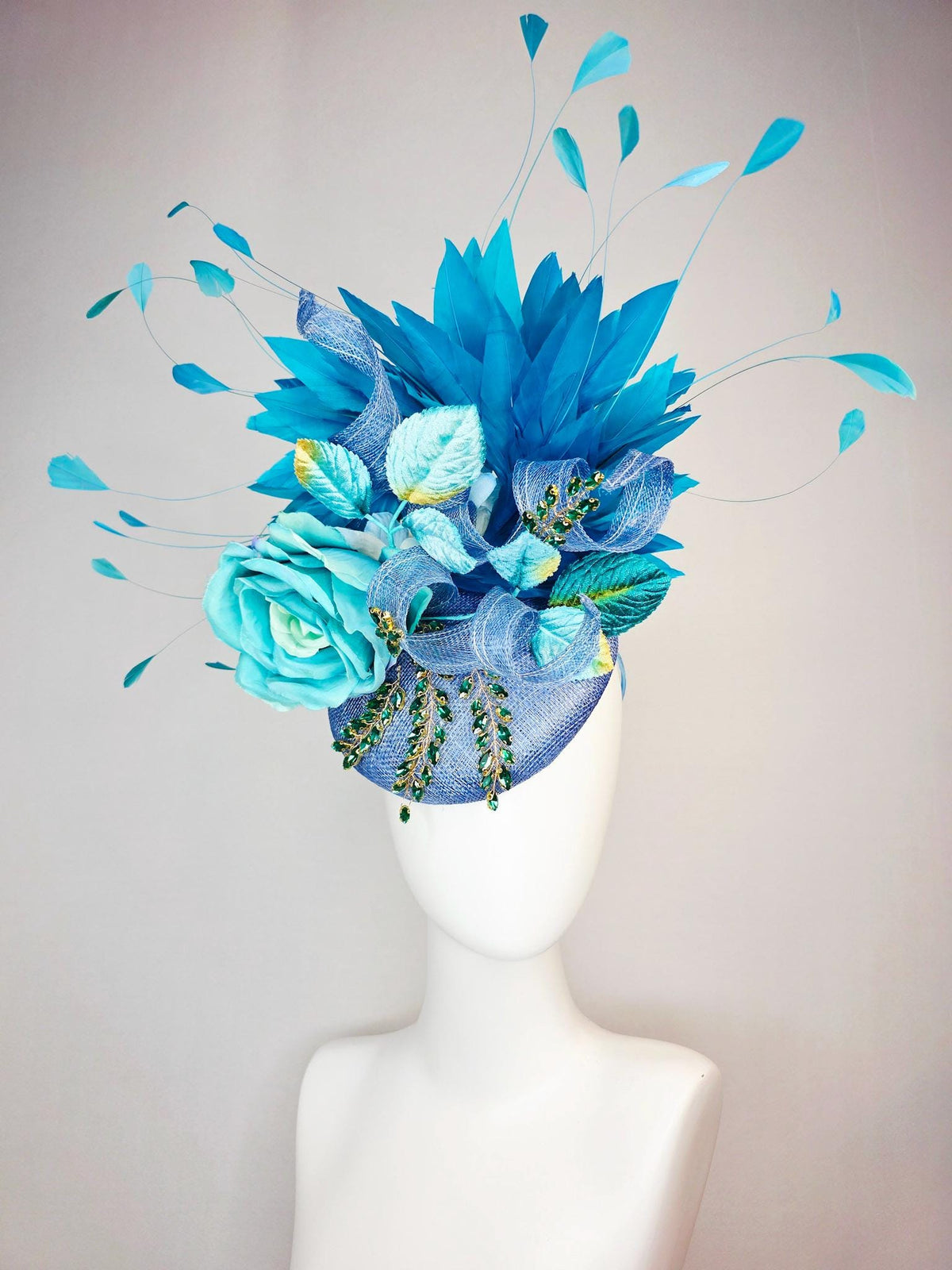 kentucky derby hat fascinator denim blue sinamay with curls leaf vine green crystals turquoise aqua blue satin rose sky ocean blue feathers