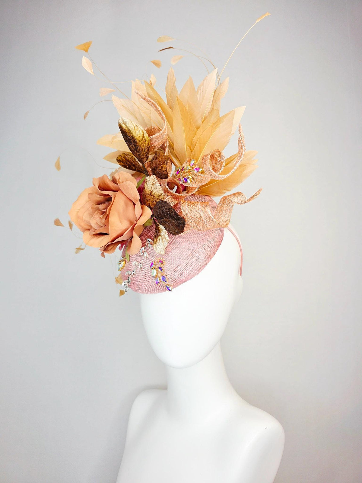 kentucky derby hat fascinator champagne pink sinamay curls leaf vine iridescent crystals brown leaves peach satin rose tan beige feathers