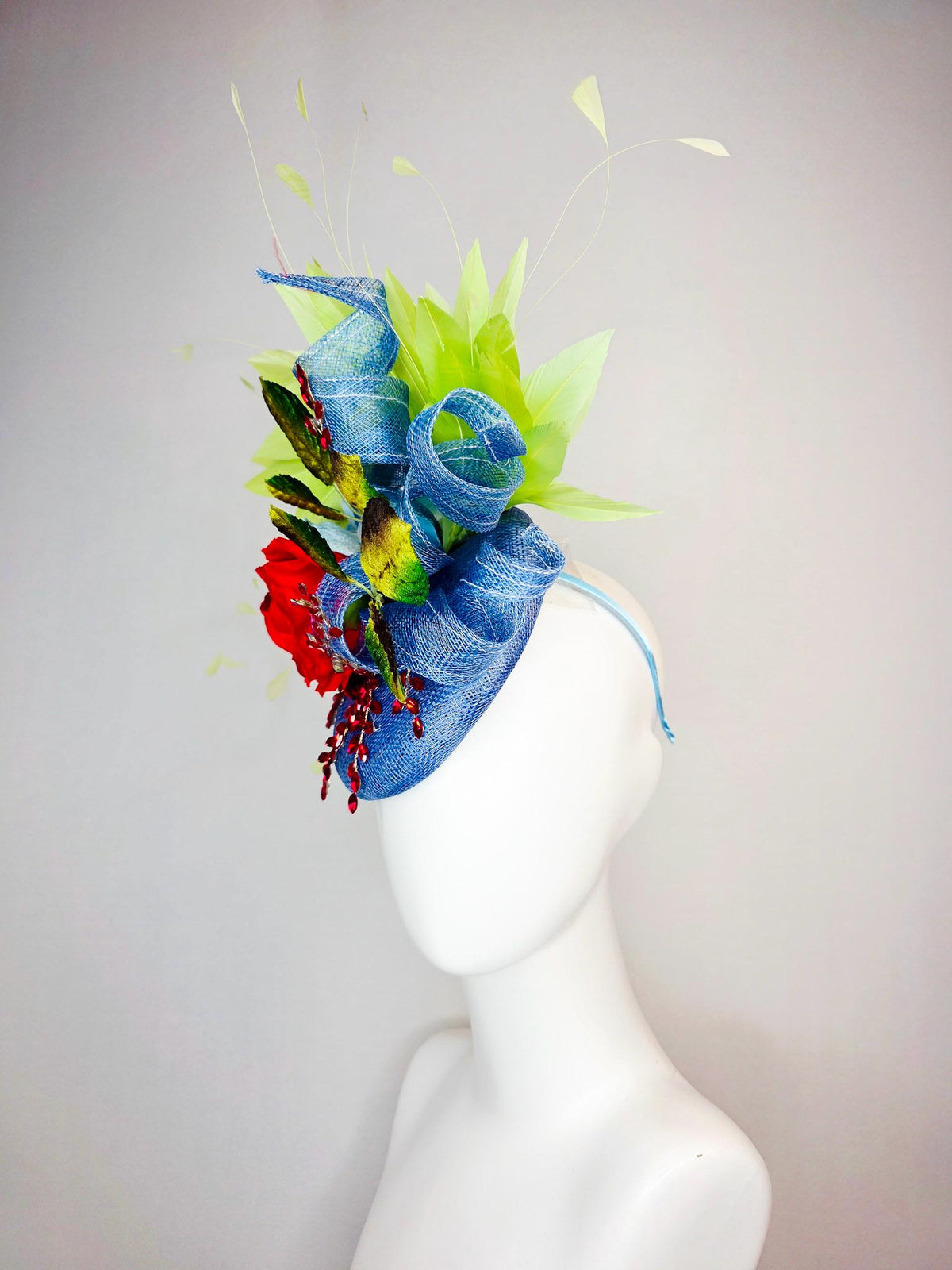 kentucky derby hat fascinator denim blue sinamay with curls leaf vine red crystals red satin rose brown yellow leaves lime green feathers