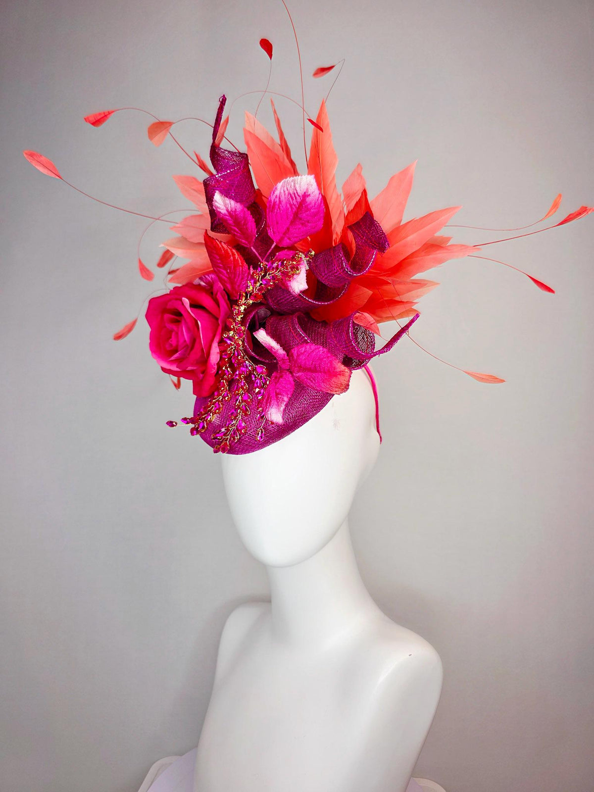 kentucky derby hat fascinator magenta purple sinamay with curls leaf vine pink crystal rhinestone hot pink satin rose leaves orange feathers