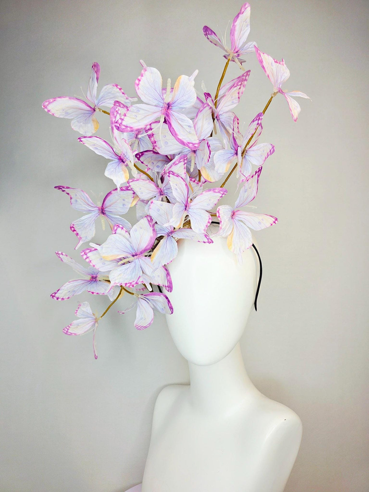 kentucky derby hat fascinator large branching light lilac lavender purple yellow white fabric butterflies on headband
