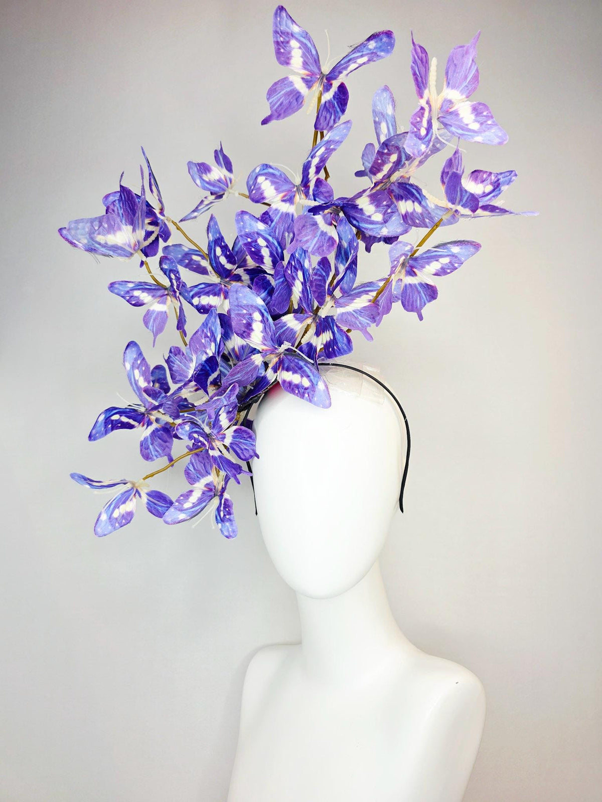kentucky derby hat fascinator large branching violet lavender purple blue white fabric butterflies on headband
