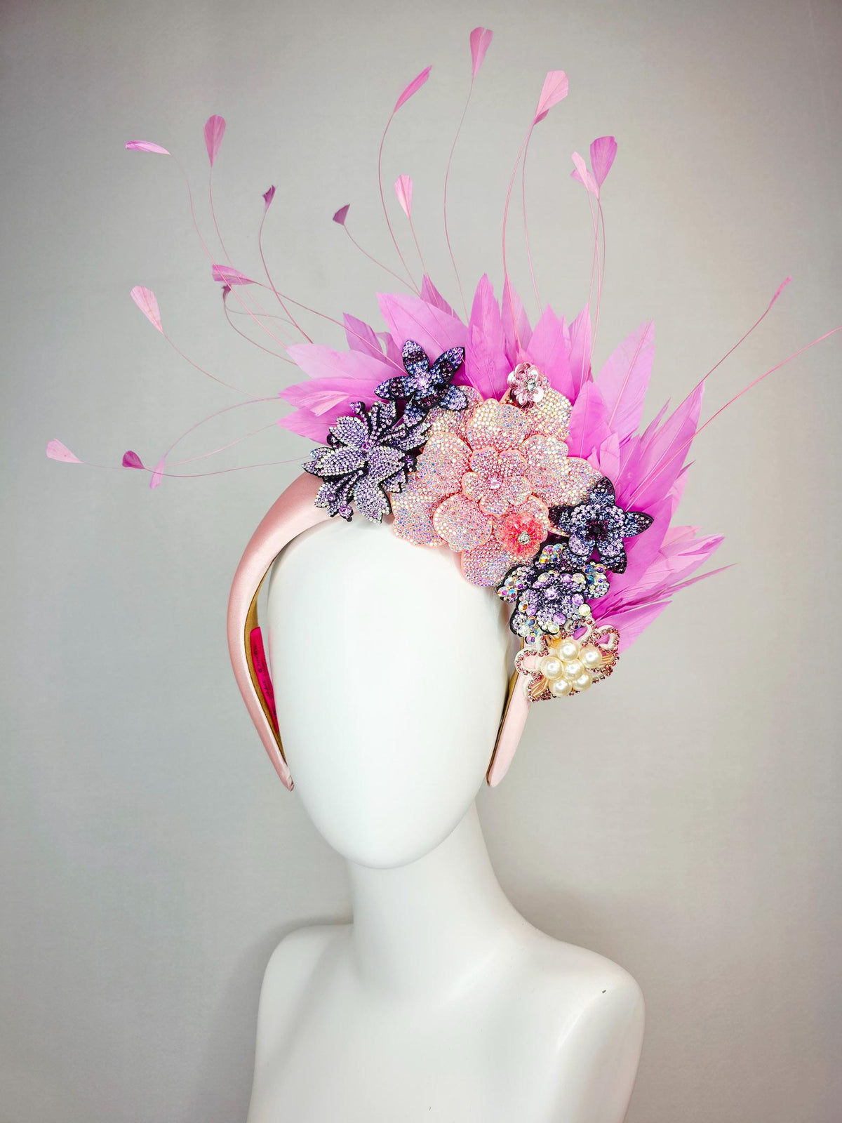 kentucky derby hat fascinator light pink satin headband iridescent pink lavender purple pearl crystal flowers lilac pink branching feathers