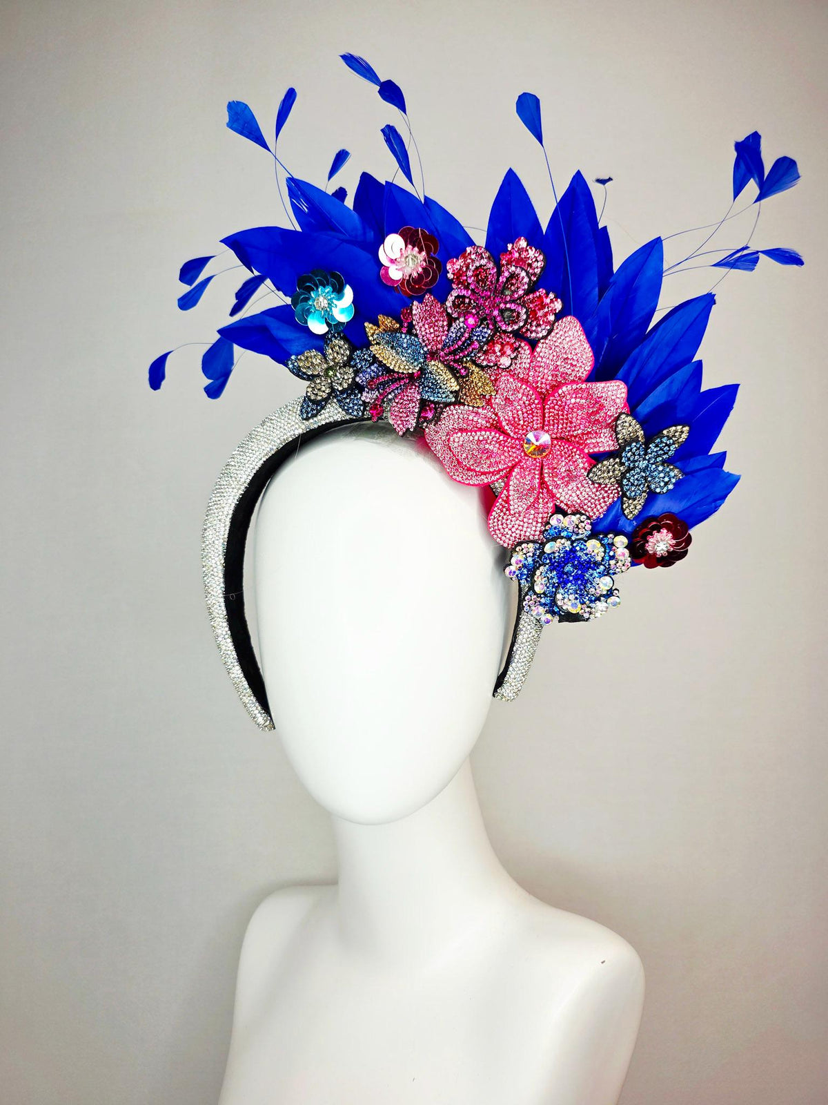 kentucky derby hat fascinator Swarovski crystal headband with blue yellow gold red pink crystal flowers and cobalt royal blue feathers
