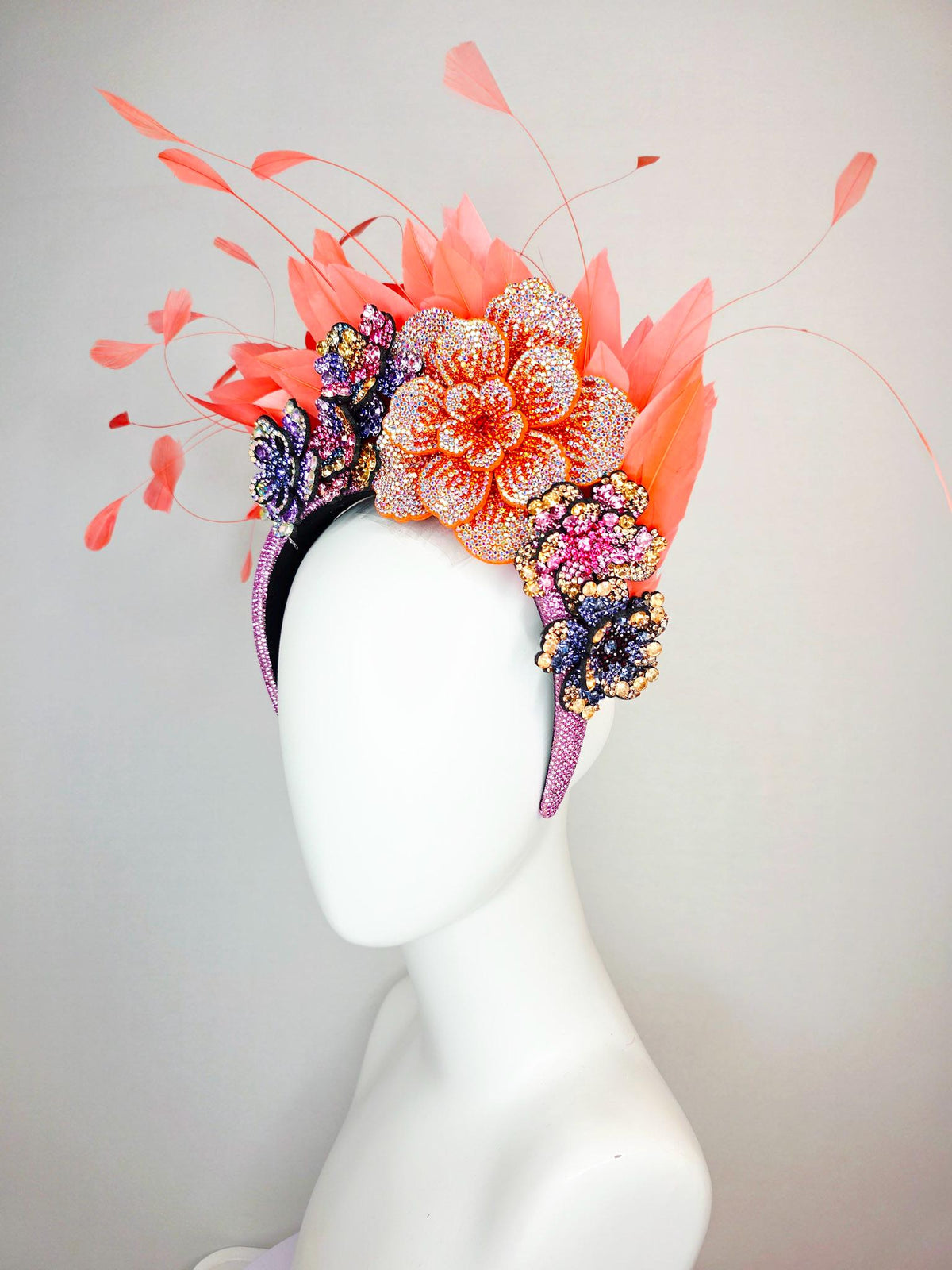 kentucky derby hat fascinator pink Swarovski crystal headband lavender purple pink blue gold orange crystal flowers coral orange feathers