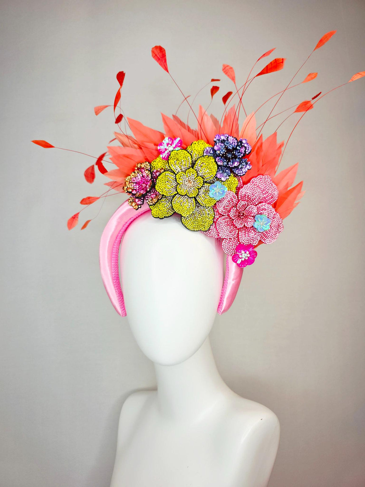 kentucky derby hat fascinator baby pink satin headband with colorful lavender purple yellow pink gold crystal flowers coral orange feathers