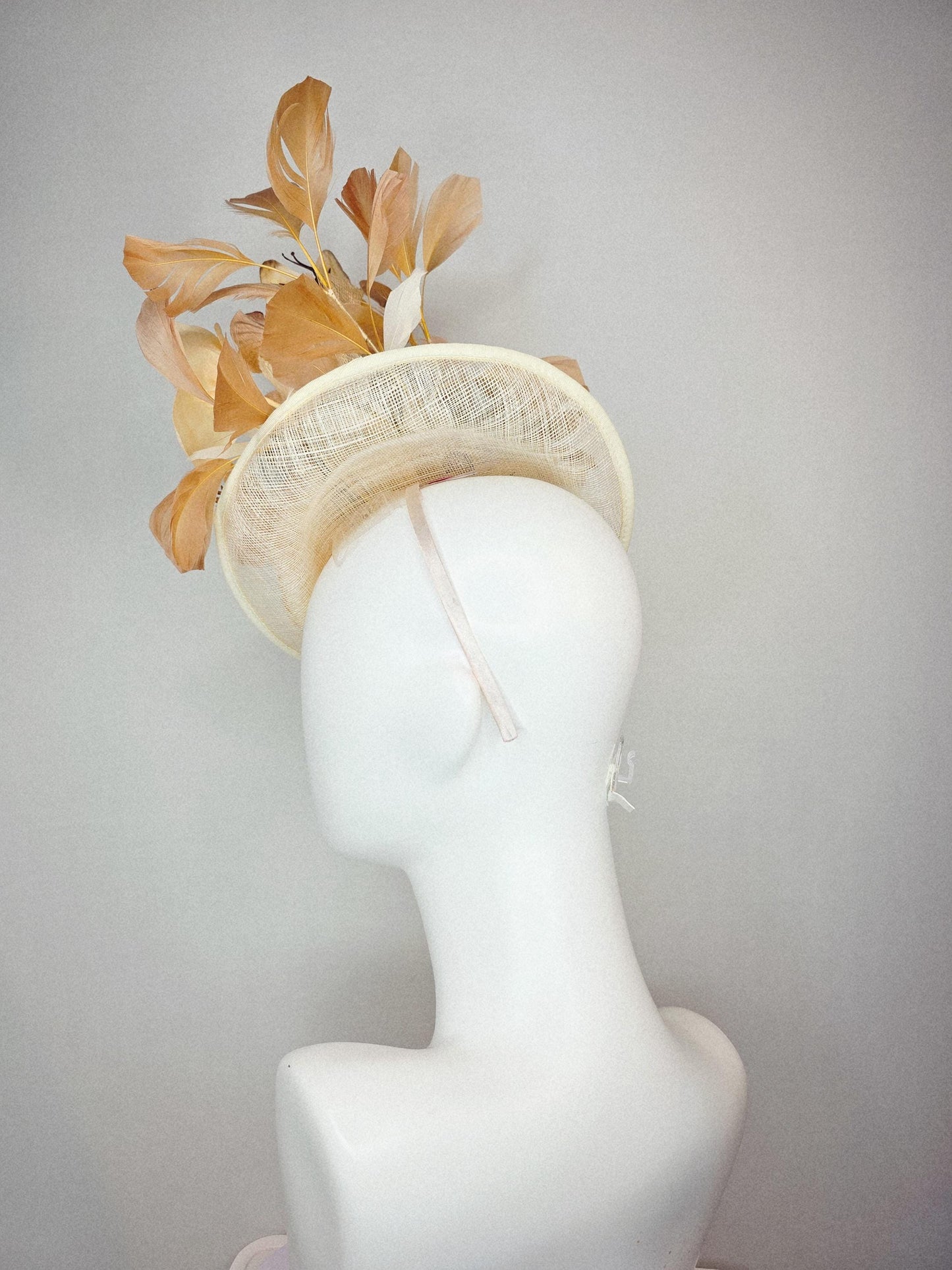 kentucky derby hat fascinator neutral champagne beige sinamay gold flowers neutral beige feather gold butterflies beige branching feathers
