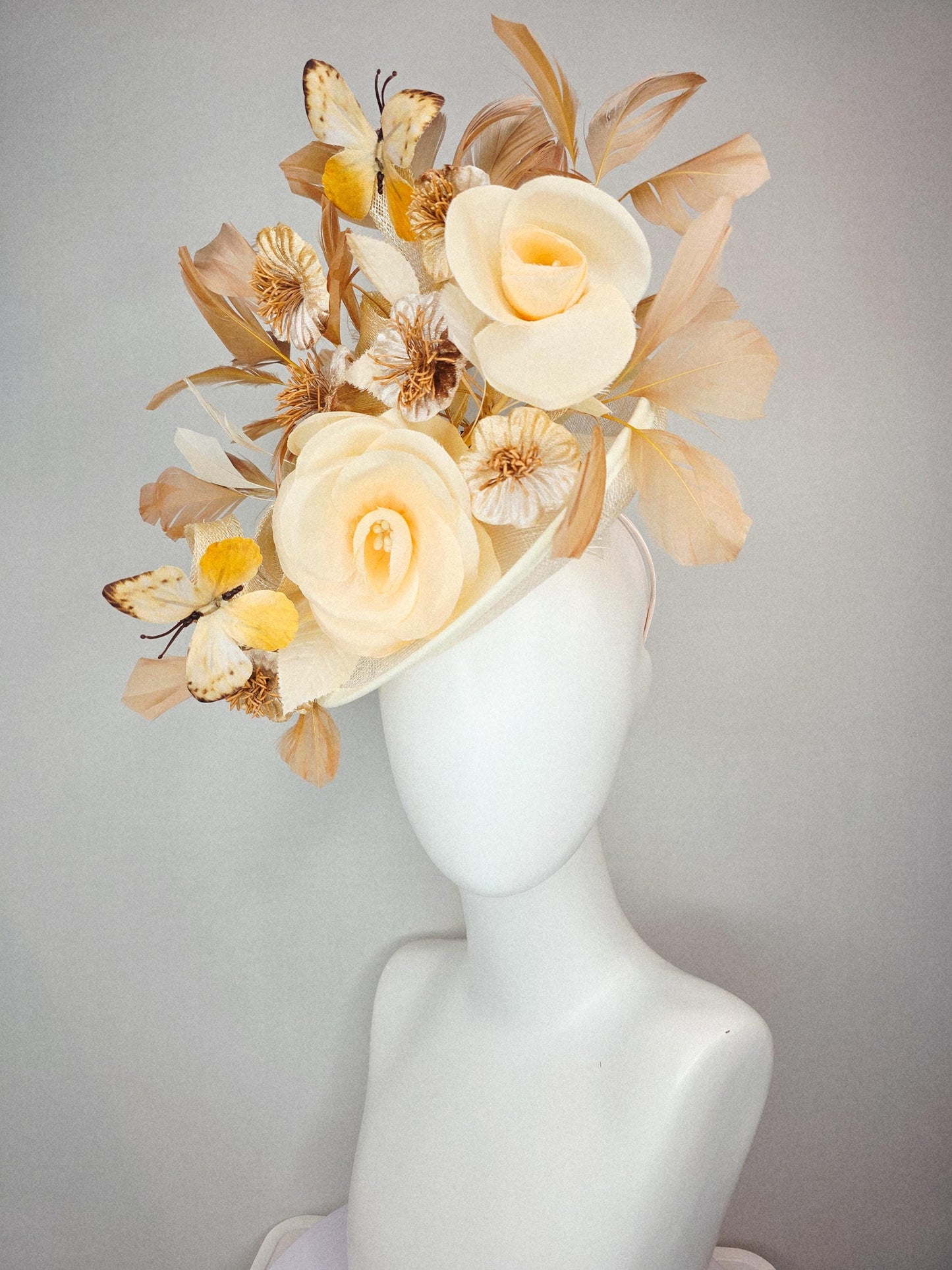 kentucky derby hat fascinator neutral champagne beige sinamay gold flowers neutral beige feather gold butterflies beige branching feathers