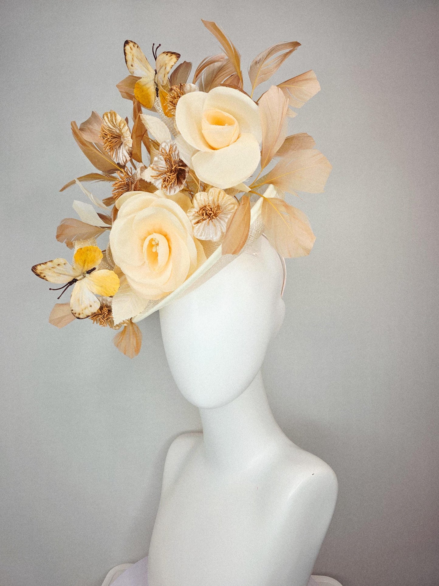 kentucky derby hat fascinator neutral champagne beige sinamay gold flowers neutral beige feather gold butterflies beige branching feathers