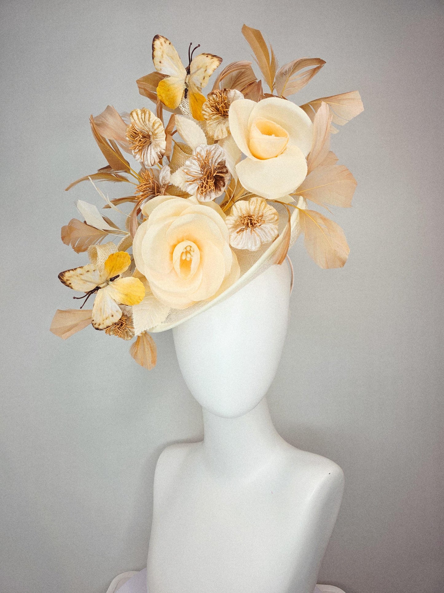 kentucky derby hat fascinator neutral champagne beige sinamay gold flowers neutral beige feather gold butterflies beige branching feathers