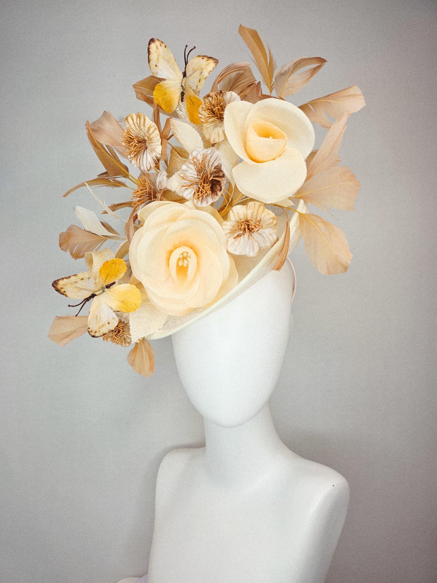 kentucky derby hat fascinator neutral champagne beige sinamay gold flowers neutral beige feather gold butterflies beige branching feathers