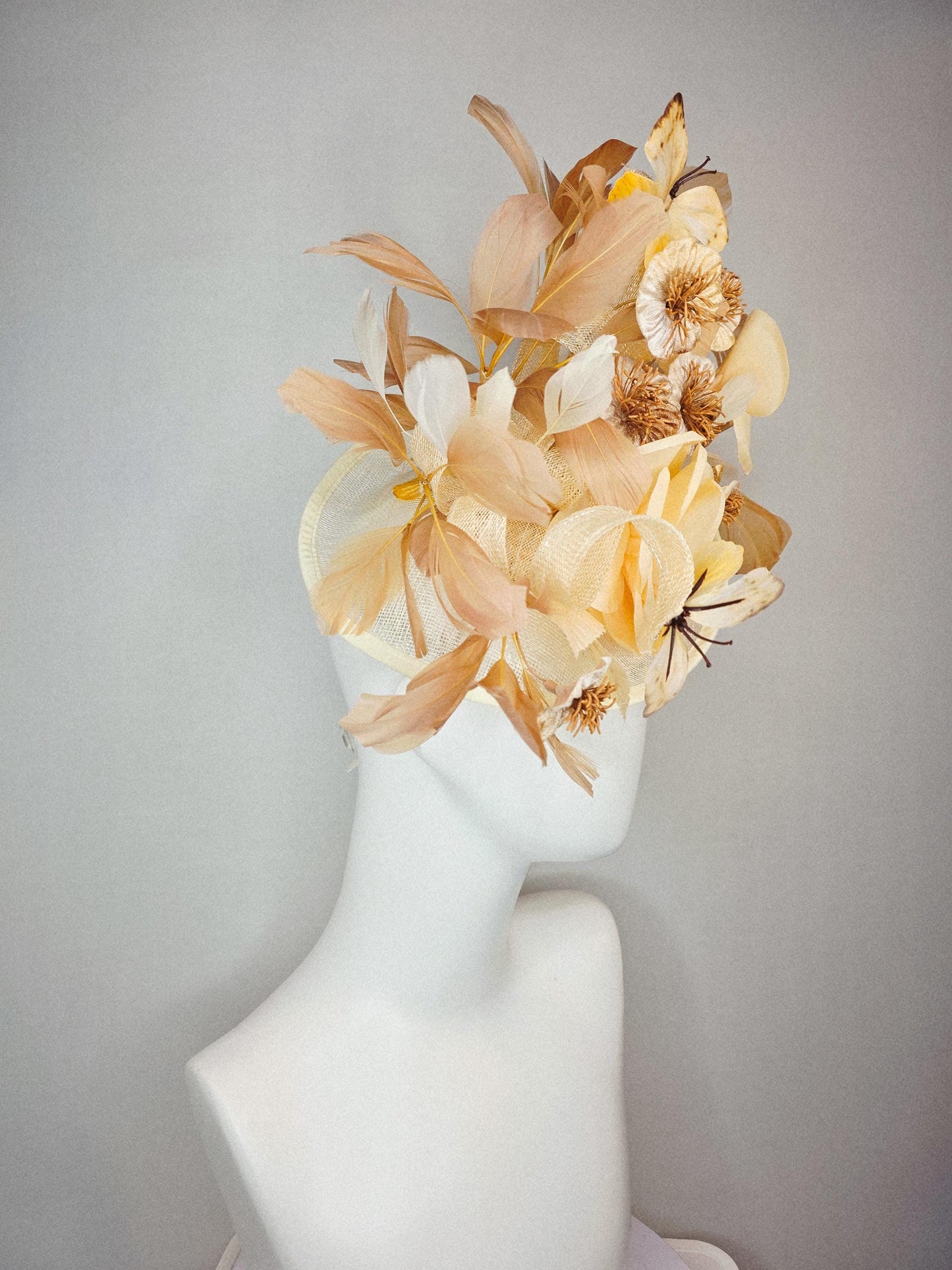 kentucky derby hat fascinator neutral champagne beige sinamay gold flowers neutral beige feather gold butterflies beige branching feathers