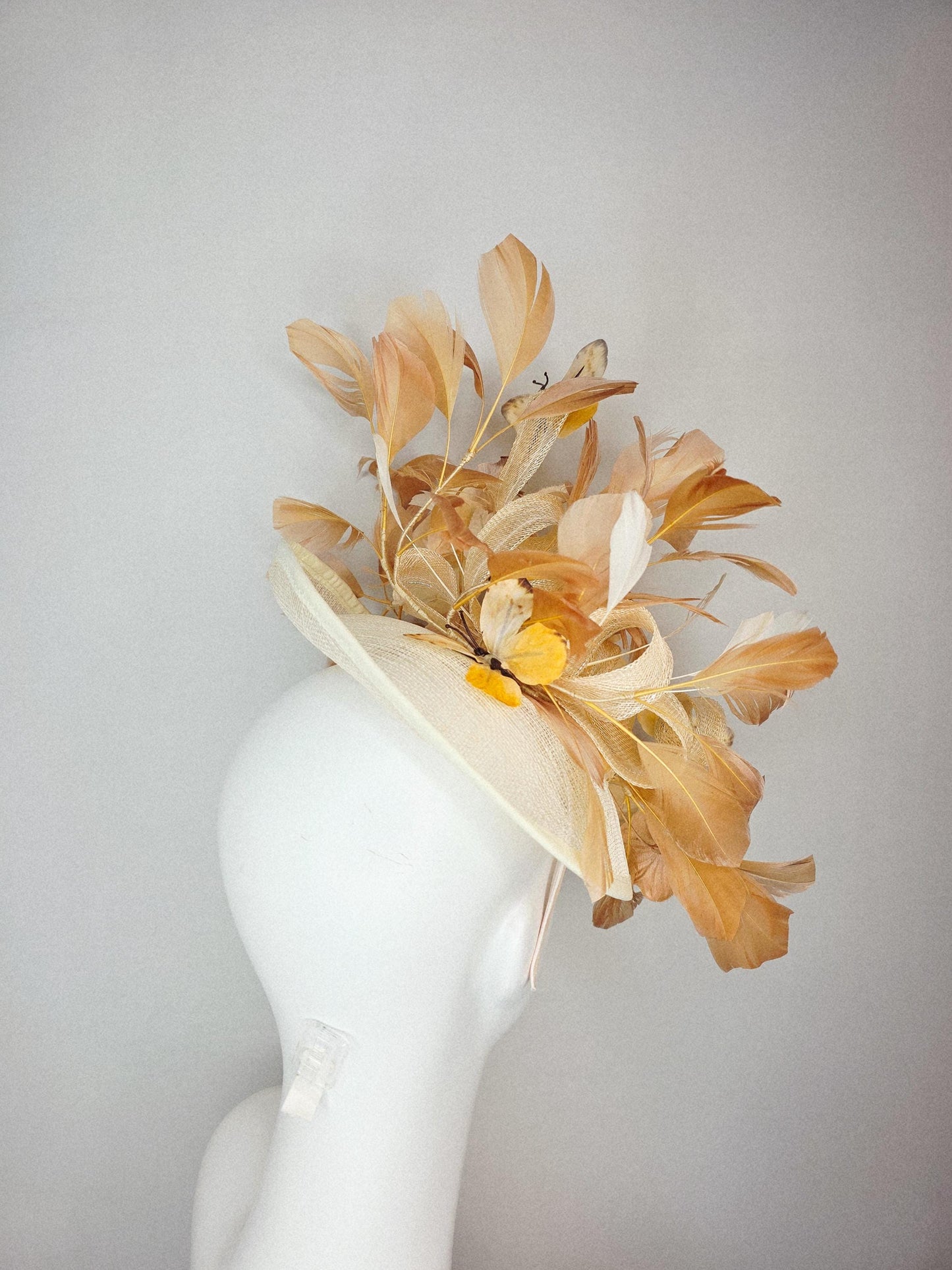 kentucky derby hat fascinator neutral champagne beige sinamay gold flowers neutral beige feather gold butterflies beige branching feathers