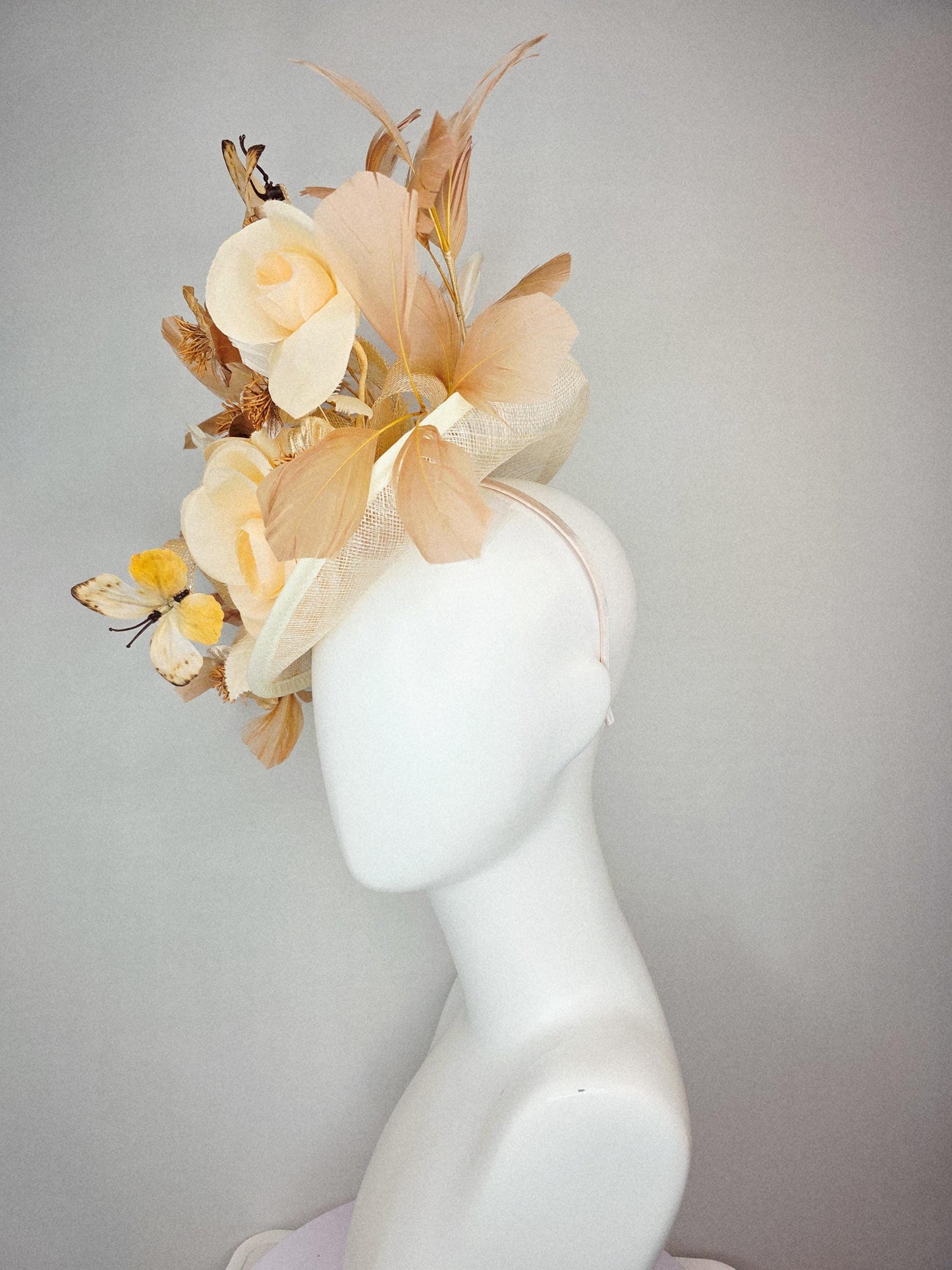 kentucky derby hat fascinator neutral champagne beige sinamay gold flowers neutral beige feather gold butterflies beige branching feathers