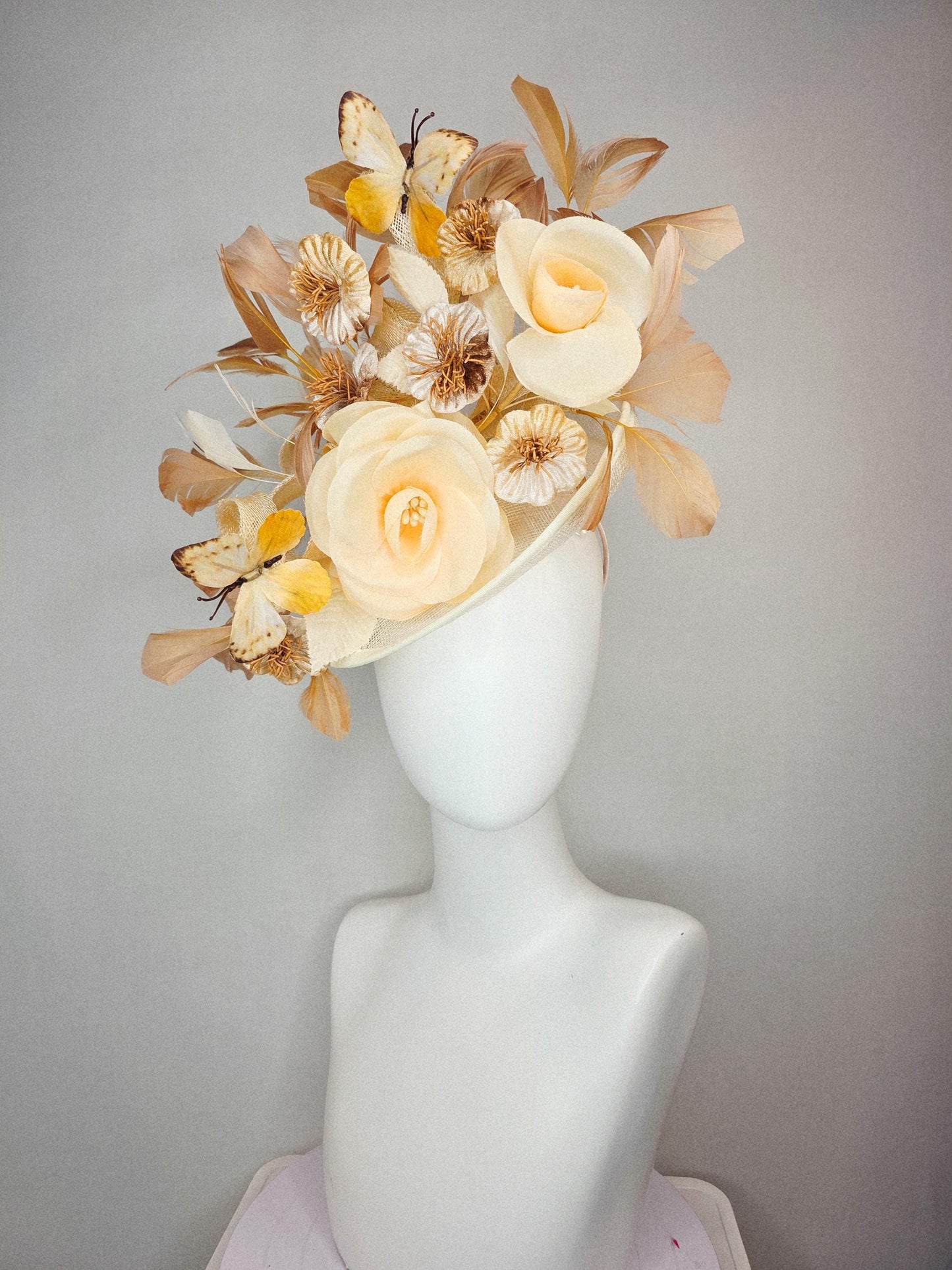 kentucky derby hat fascinator neutral champagne beige sinamay gold flowers neutral beige feather gold butterflies beige branching feathers