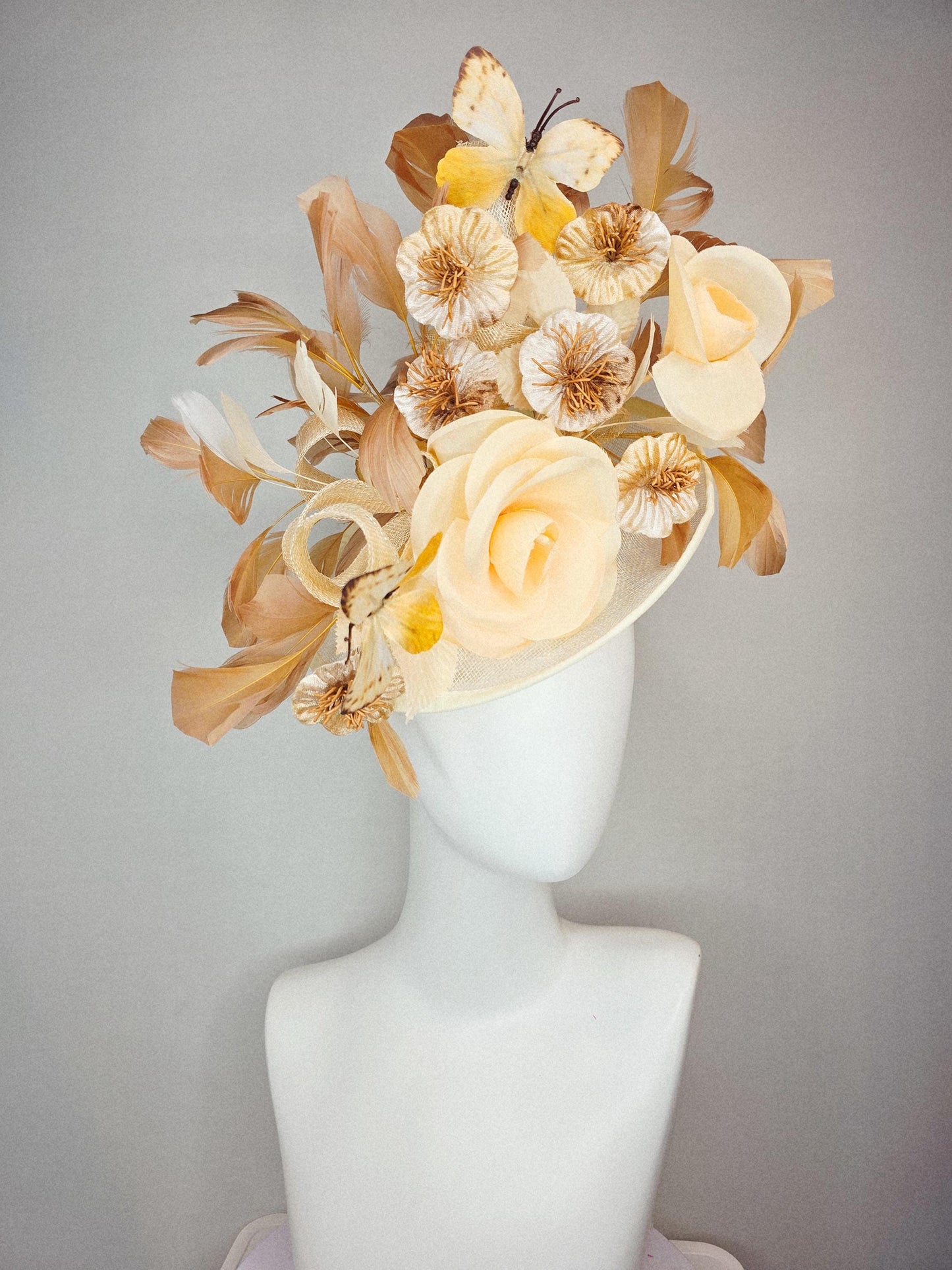kentucky derby hat fascinator neutral champagne beige sinamay gold flowers neutral beige feather gold butterflies beige branching feathers