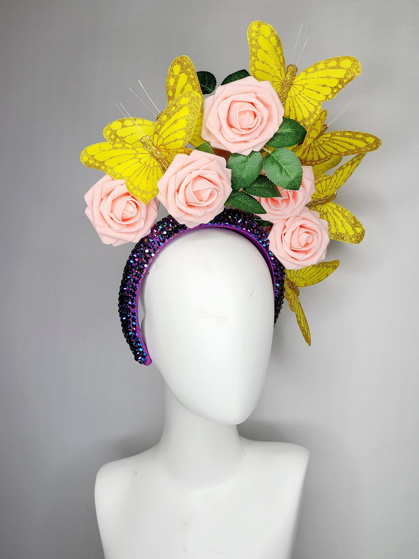 kentucky derby hat fascinator swarovski crystal rhinestone iridescent headband purple pink blush roses and yellow gold butterflies