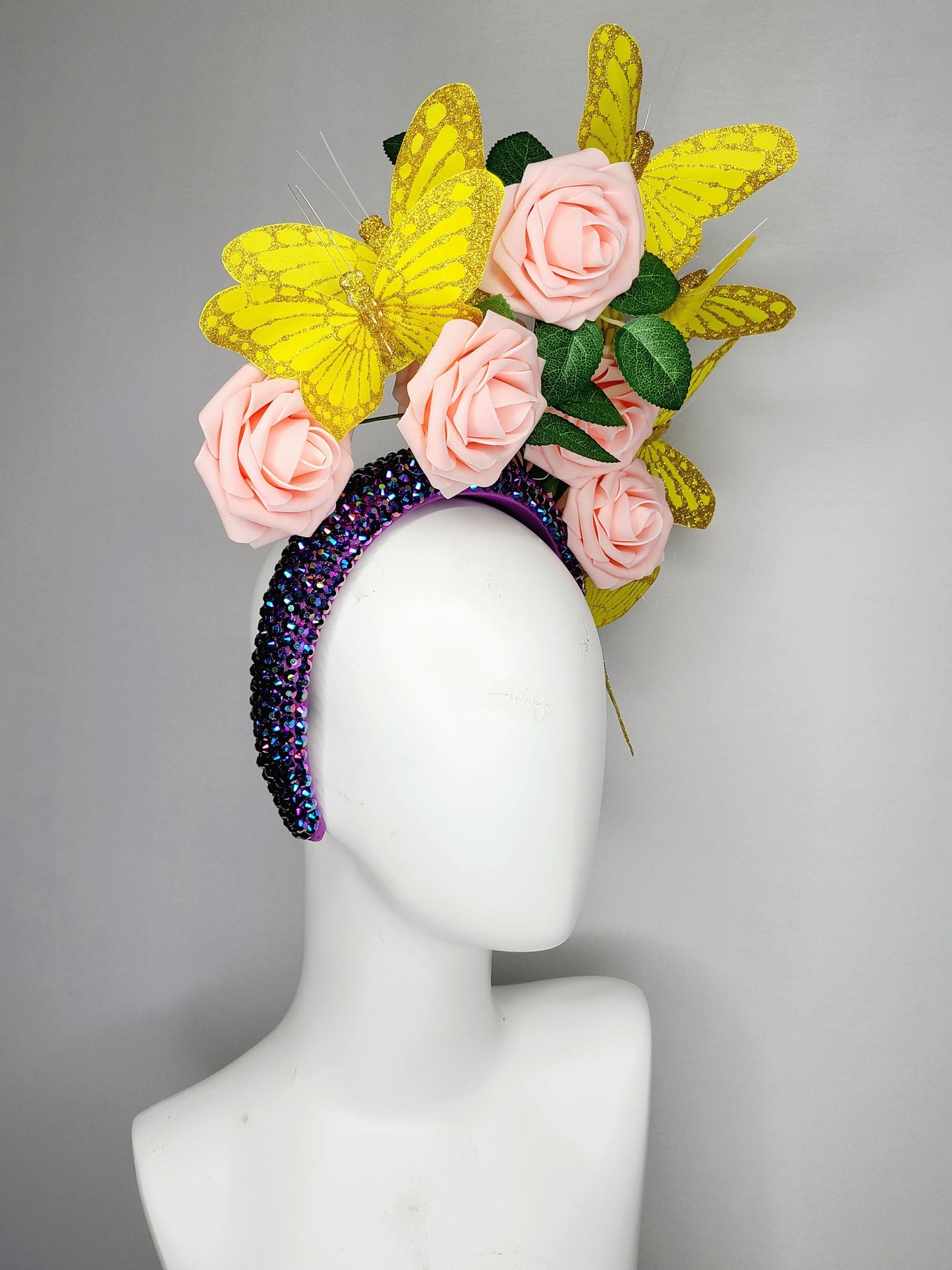 kentucky derby hat fascinator swarovski crystal rhinestone iridescent headband purple pink blush roses and yellow gold butterflies