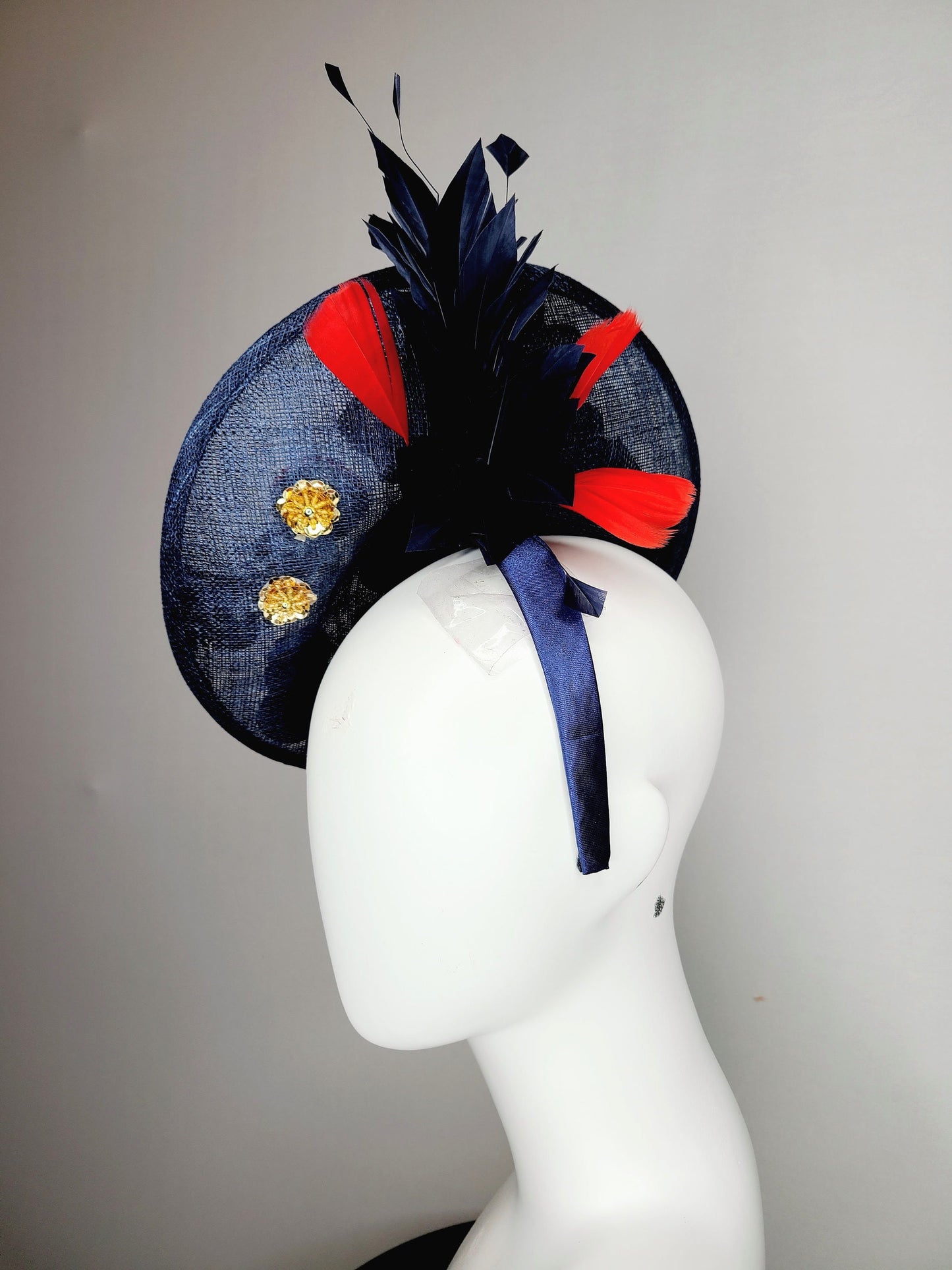 kentucky derby hat fascinator navy blue sinamay saucer gold crystal rhinestone jewel colorful russian dolls matroyshka with blue red feather