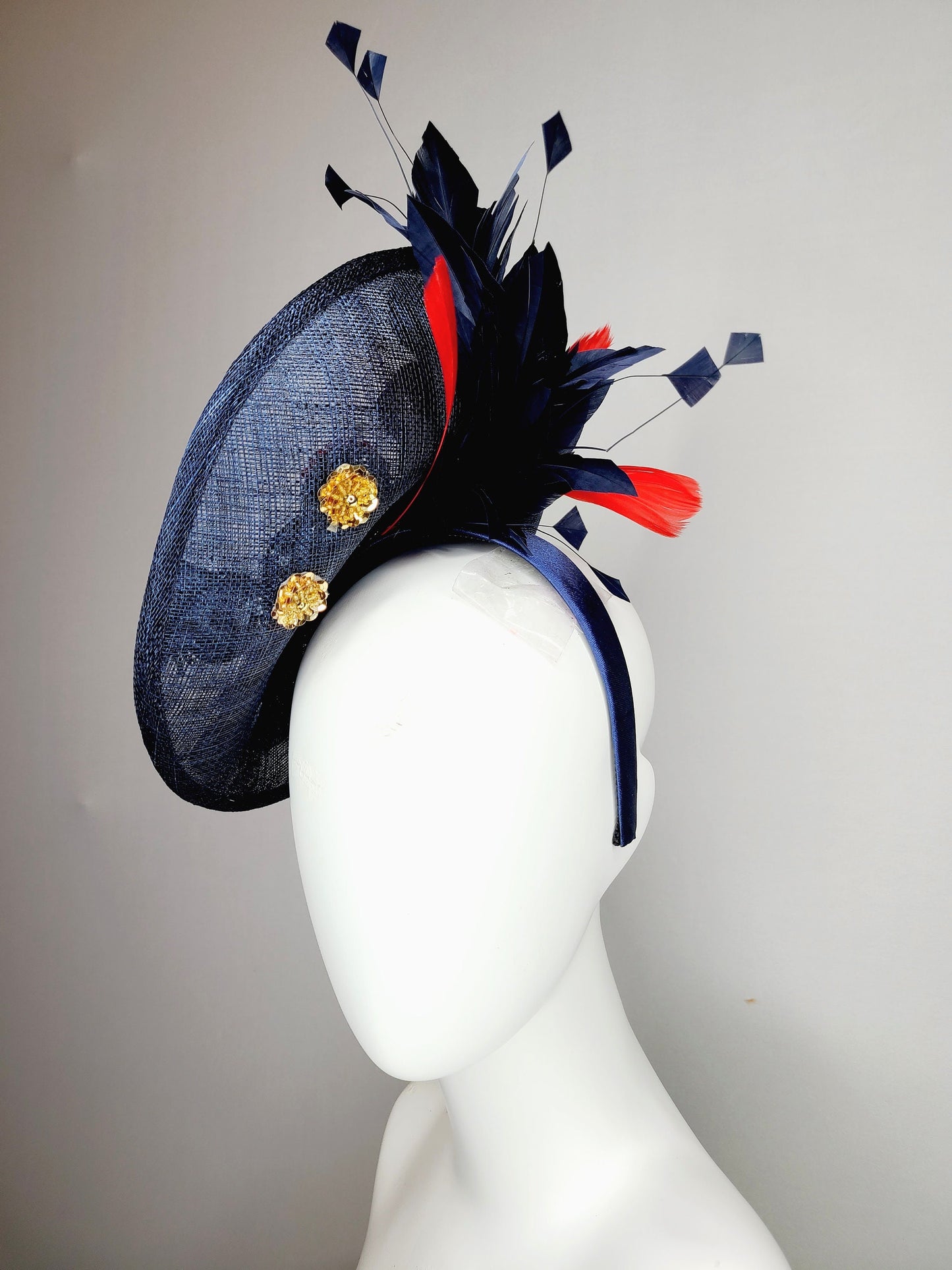 kentucky derby hat fascinator navy blue sinamay saucer gold crystal rhinestone jewel colorful russian dolls matroyshka with blue red feather