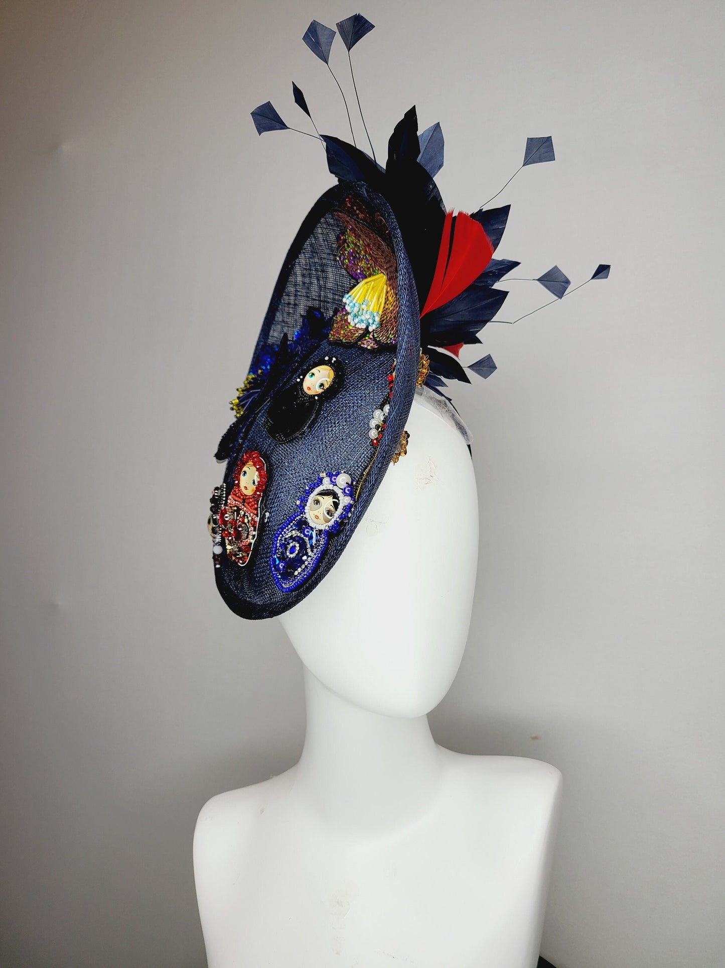 kentucky derby hat fascinator navy blue sinamay saucer gold crystal rhinestone jewel colorful russian dolls matroyshka with blue red feather