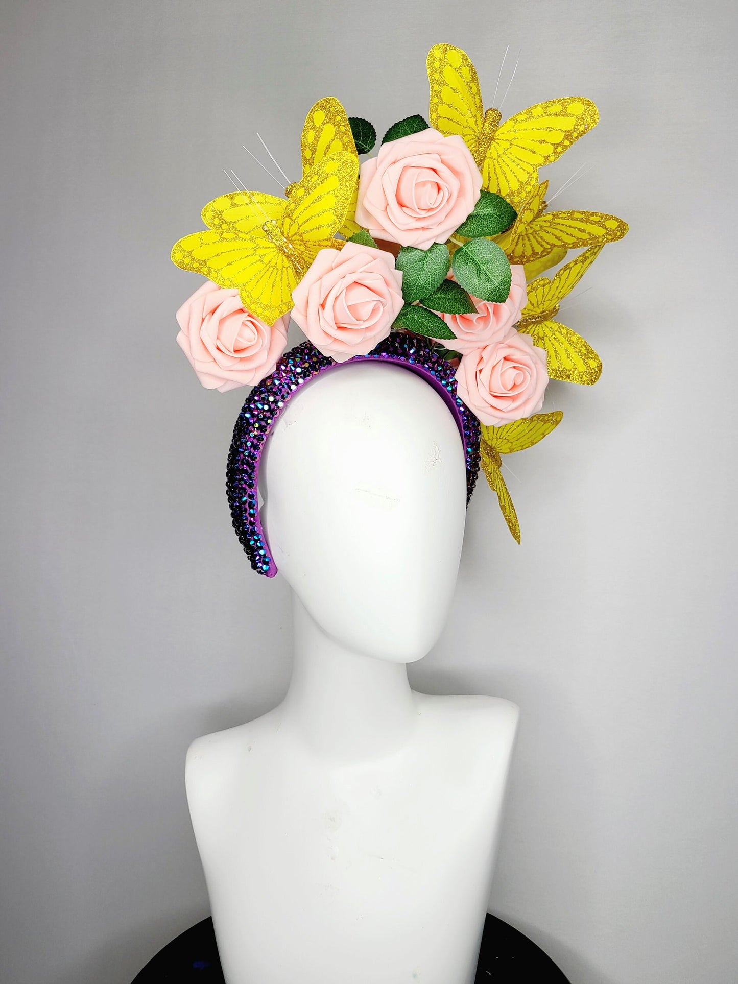 kentucky derby hat fascinator swarovski crystal rhinestone iridescent headband purple pink blush roses and yellow gold butterflies