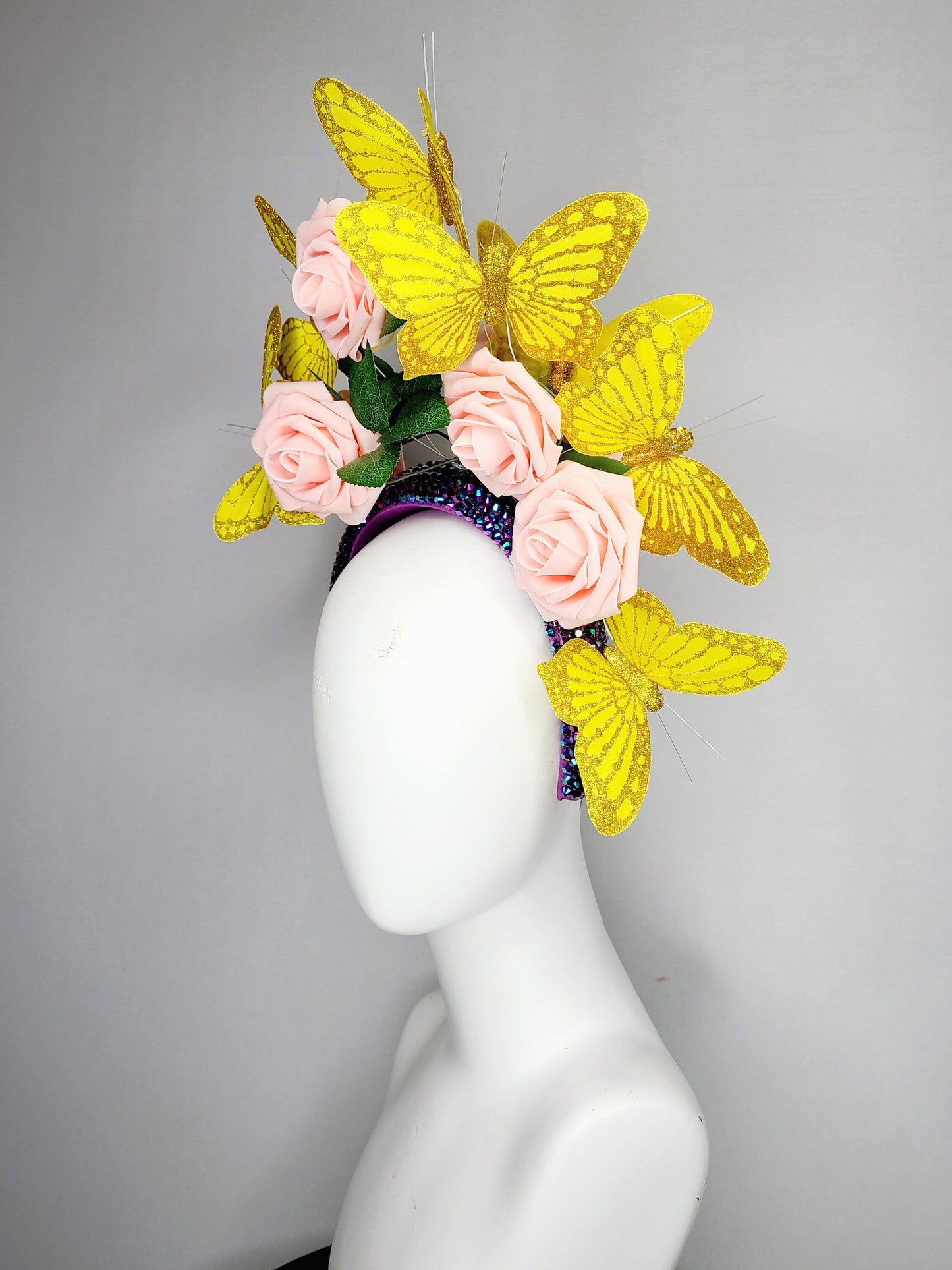 kentucky derby hat fascinator swarovski crystal rhinestone iridescent headband purple pink blush roses and yellow gold butterflies