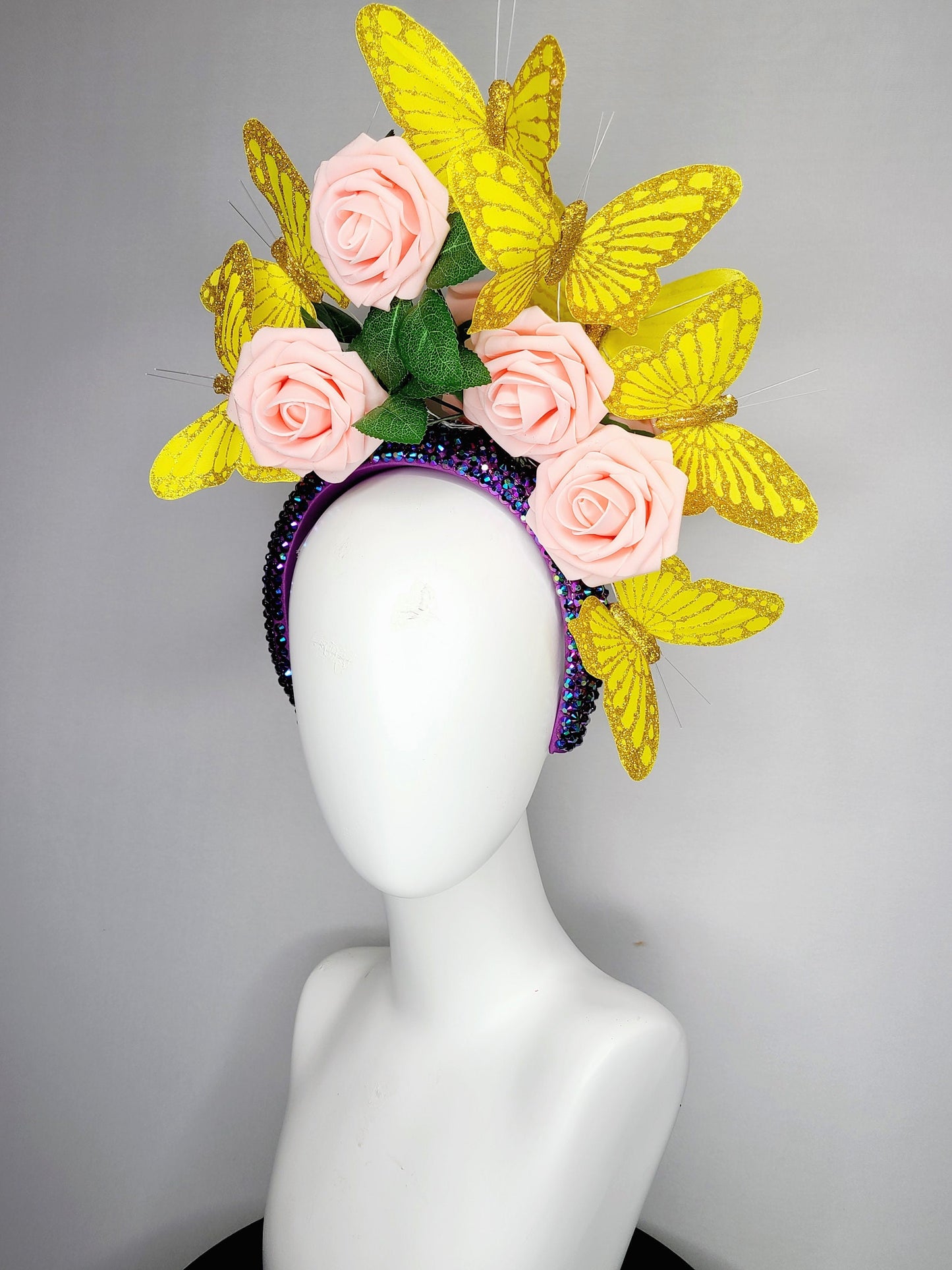 kentucky derby hat fascinator swarovski crystal rhinestone iridescent headband purple pink blush roses and yellow gold butterflies