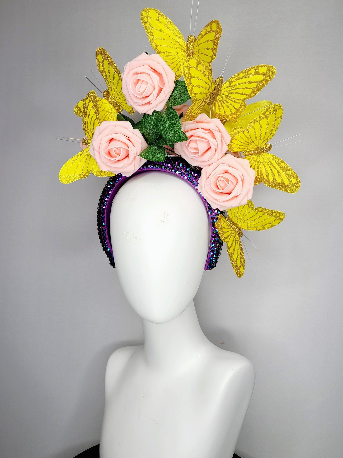 kentucky derby hat fascinator swarovski crystal rhinestone iridescent headband purple pink blush roses and yellow gold butterflies