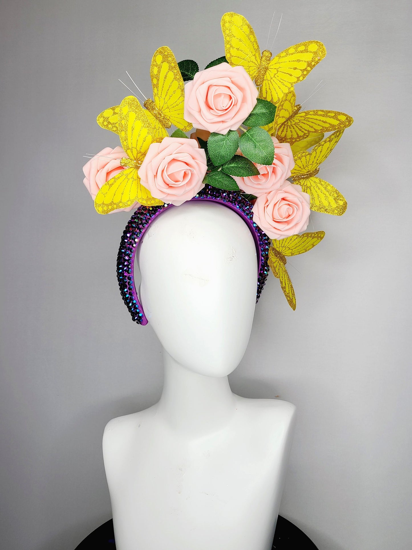 kentucky derby hat fascinator swarovski crystal rhinestone iridescent headband purple pink blush roses and yellow gold butterflies