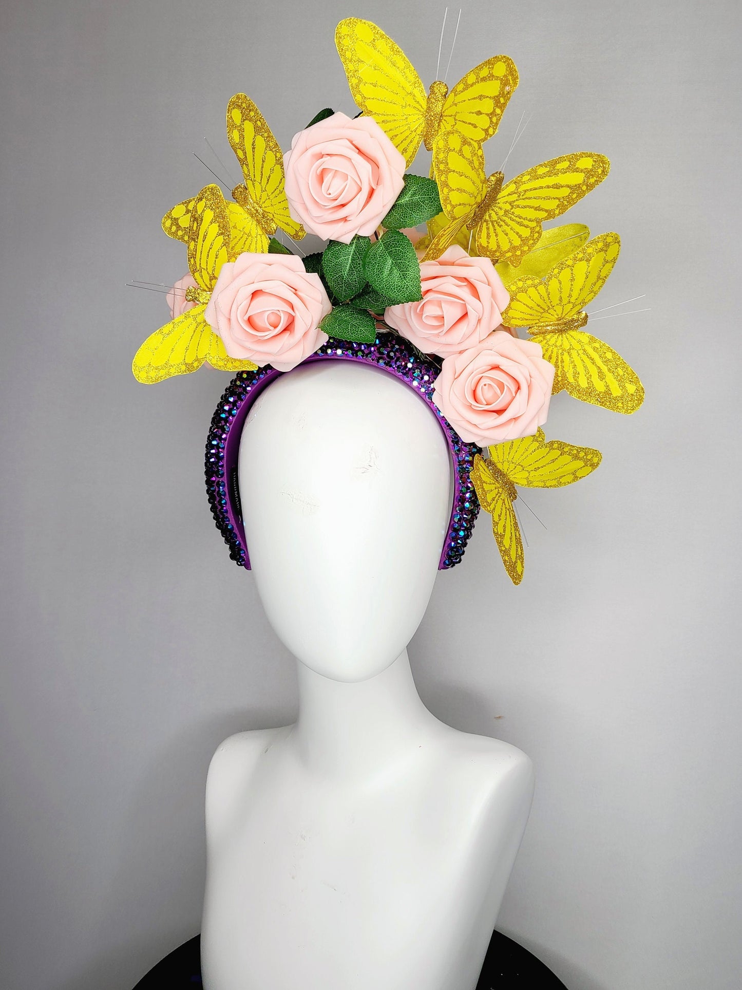 kentucky derby hat fascinator swarovski crystal rhinestone iridescent headband purple pink blush roses and yellow gold butterflies