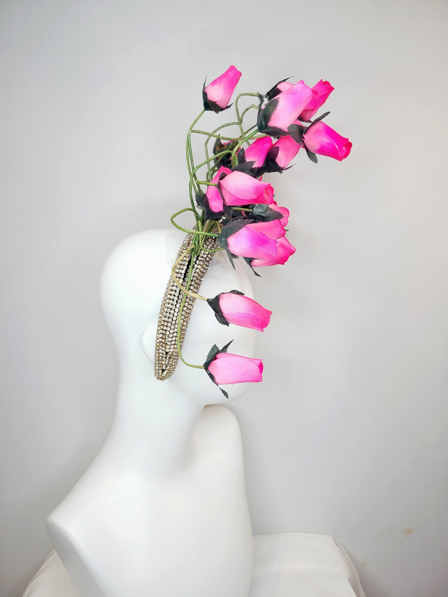 kentucky derby hat fascinator silver swarovski crystal headband with fuchsia bright pink roses green stems and leaves