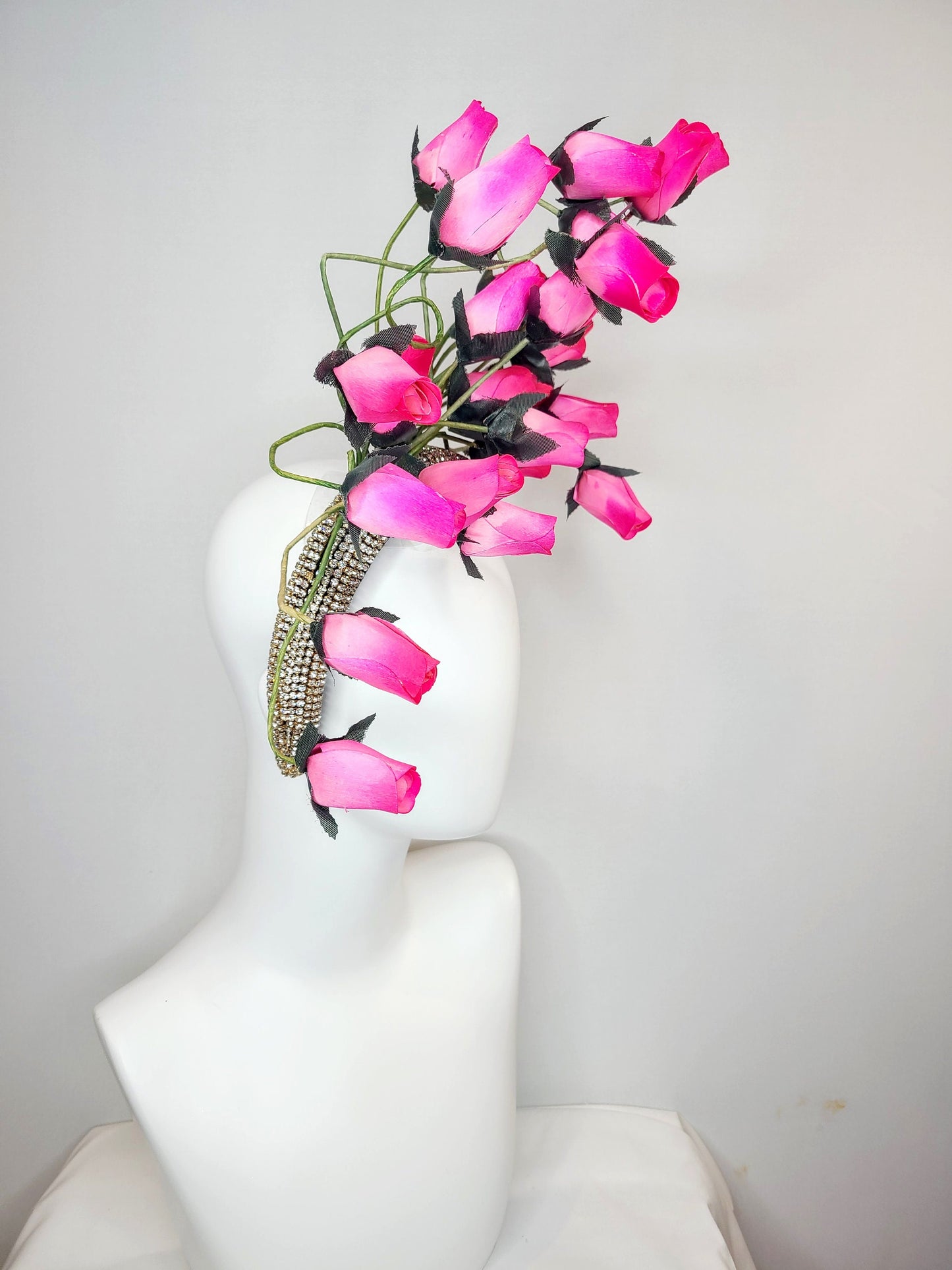 kentucky derby hat fascinator silver swarovski crystal headband with fuchsia bright pink roses green stems and leaves