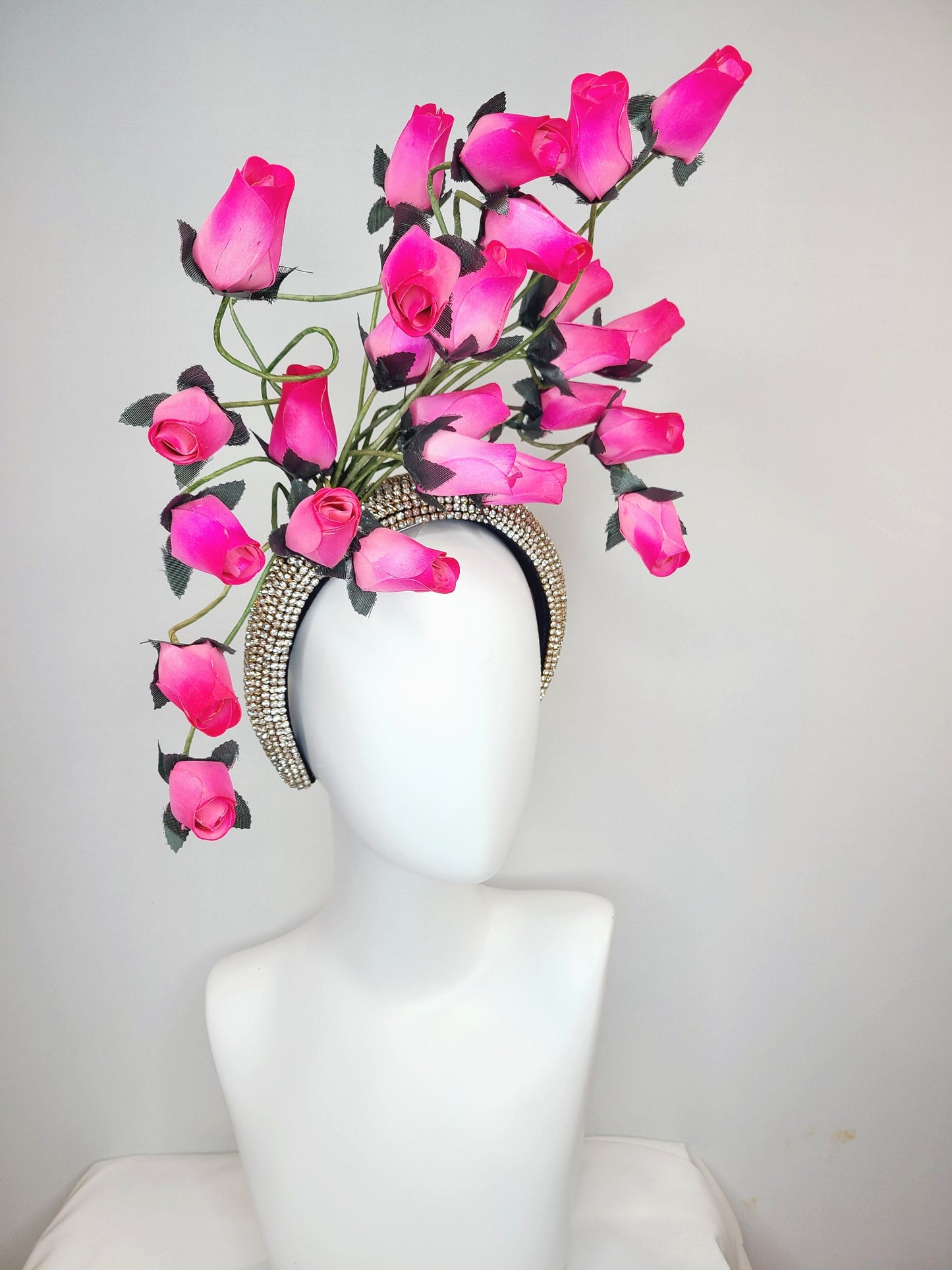 kentucky derby hat fascinator silver swarovski crystal headband with fuchsia bright pink roses green stems and leaves