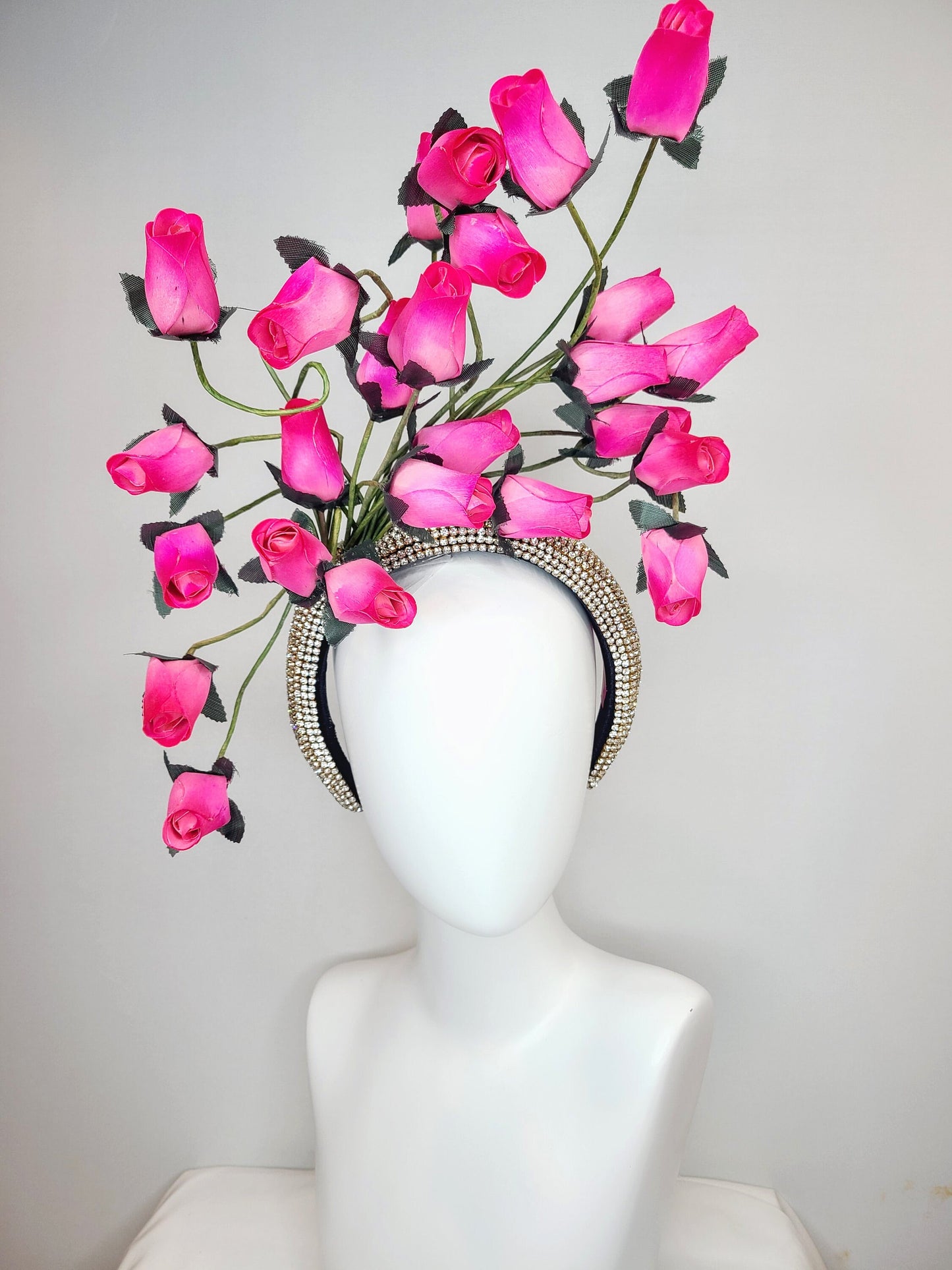 kentucky derby hat fascinator silver swarovski crystal headband with fuchsia bright pink roses green stems and leaves