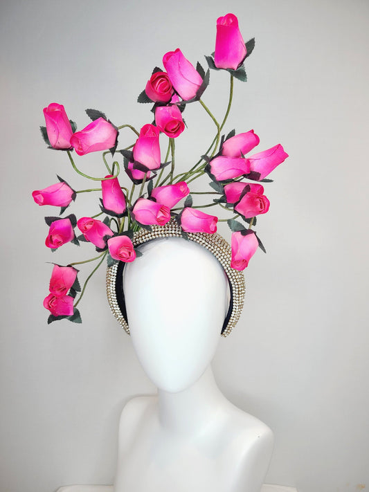 kentucky derby hat fascinator silver swarovski crystal headband with fuchsia bright pink roses green stems and leaves