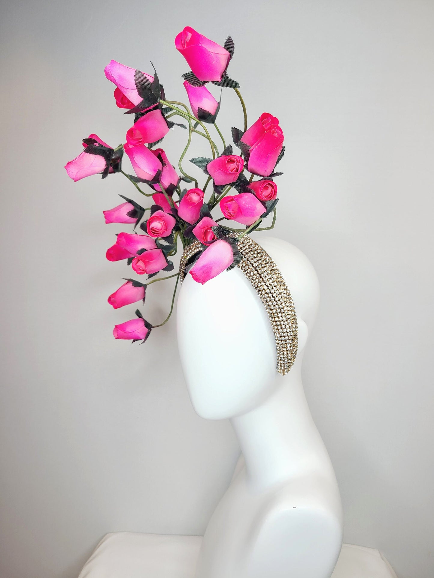 kentucky derby hat fascinator silver swarovski crystal headband with fuchsia bright pink roses green stems and leaves