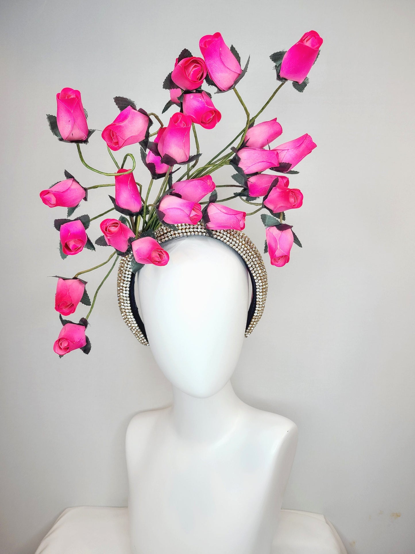 kentucky derby hat fascinator silver swarovski crystal headband with fuchsia bright pink roses green stems and leaves