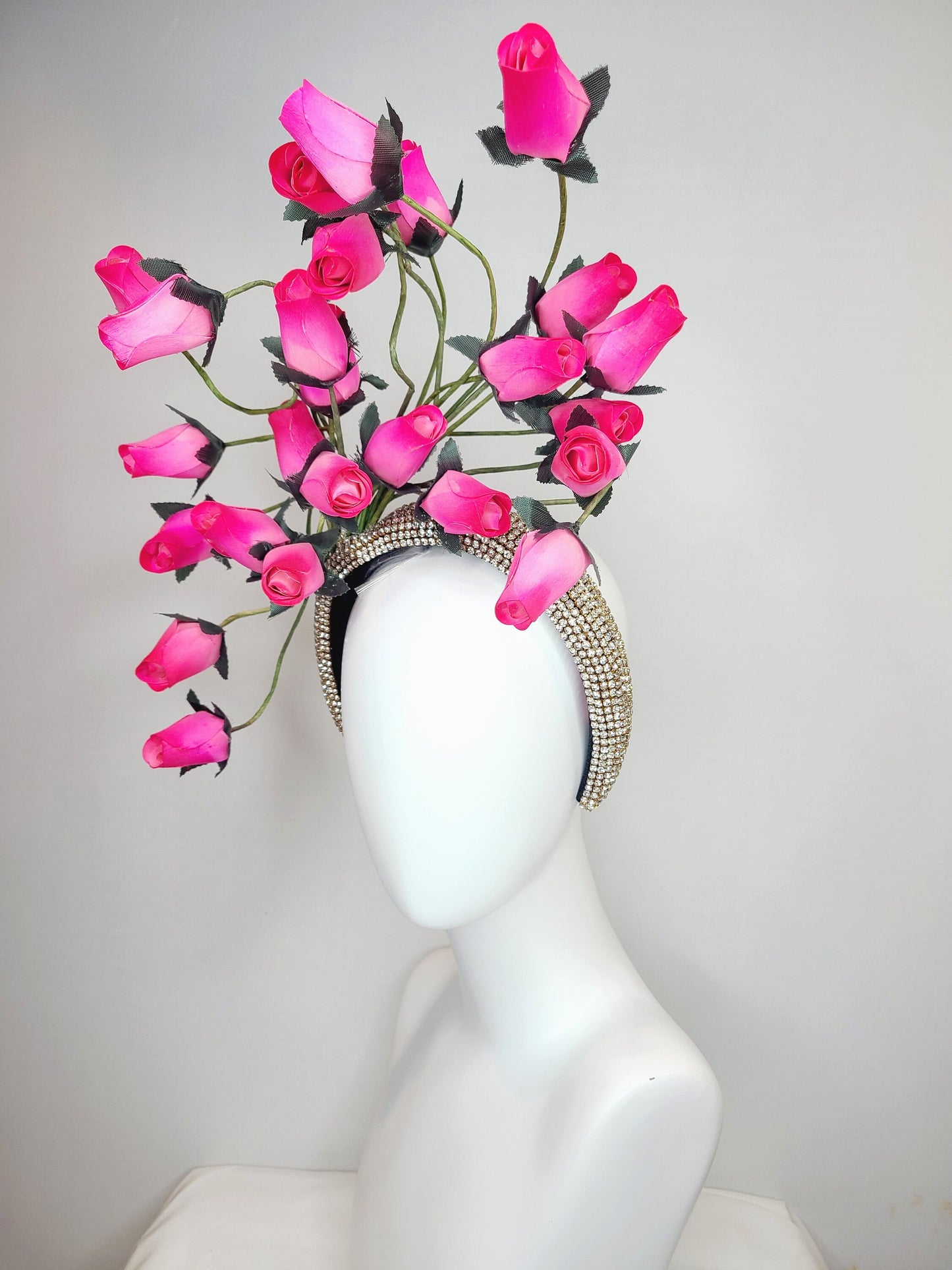 kentucky derby hat fascinator silver swarovski crystal headband with fuchsia bright pink roses green stems and leaves