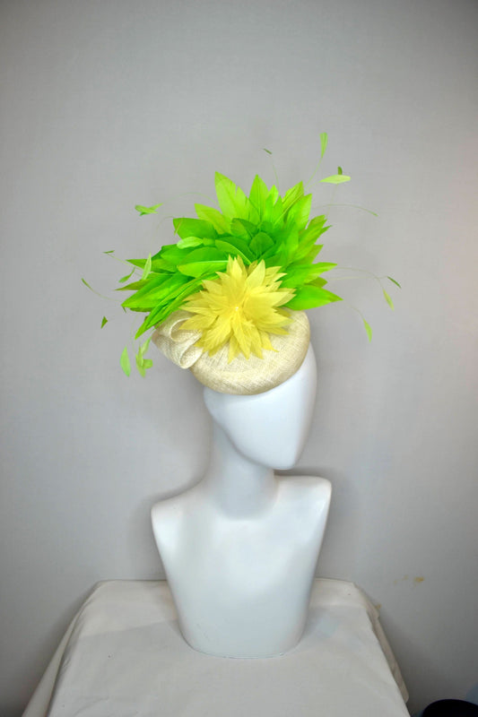 kentucky derby hat fascinator ivory sinamay base yellow feather flower with lime green feathers