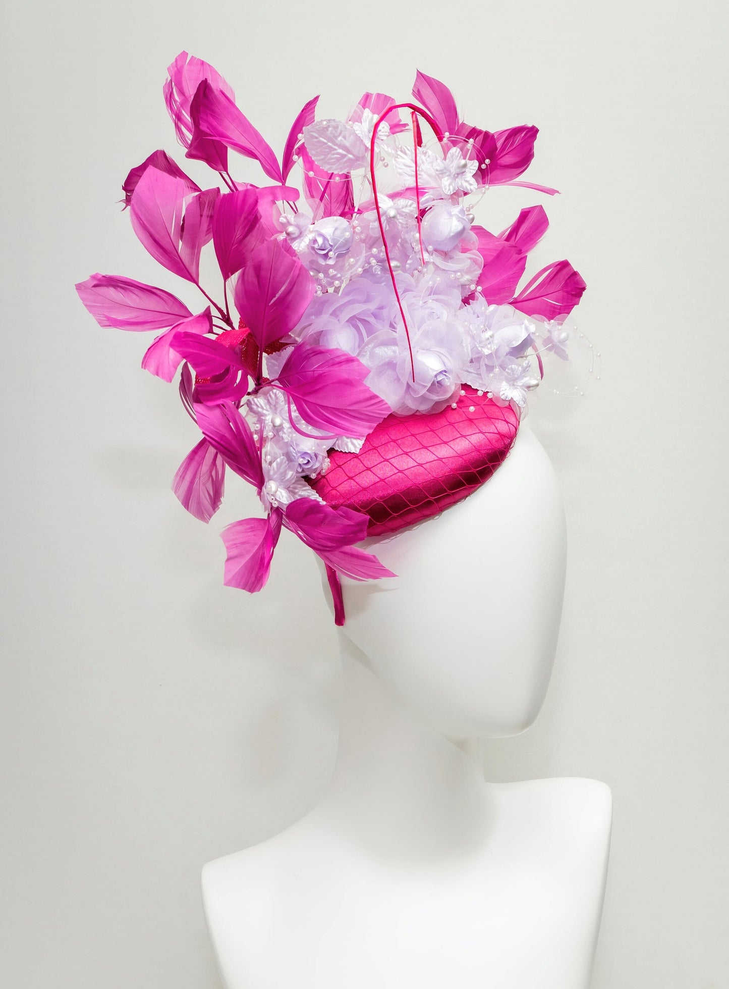 kentucky derby hat fascinator magenta fuchsia hot pink satin with bright pink feathers lavender light purple satin flowers pearls leaves