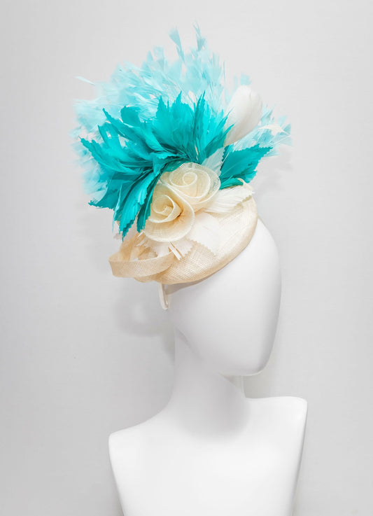 kentucky derby hat fascinator ivory sinamay base with sinamay flowers turquoise blue aqua and blue teal feathers