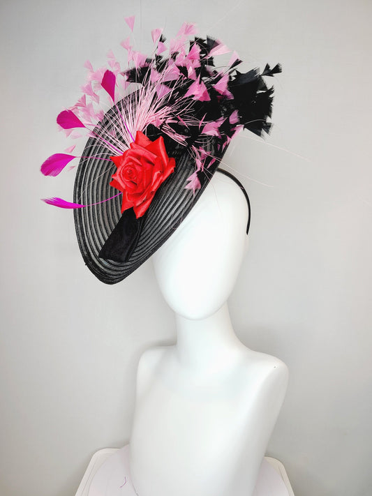 kentucky derby hat fascinator black stripe crinoline with black and pink feathers, fuchsia feathers and red rose